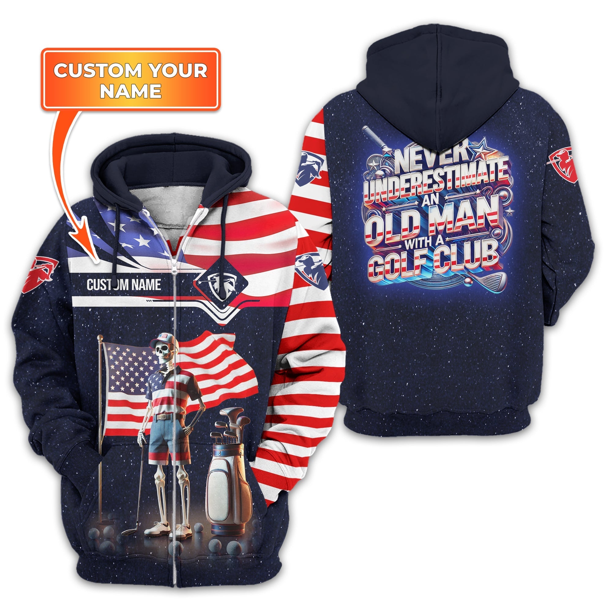 Never Underestimate An Old Man, USA Flag Shirt, Personalized Golf Shirt, Patriotic Golf Shirt, Unique Gift For Golfer
