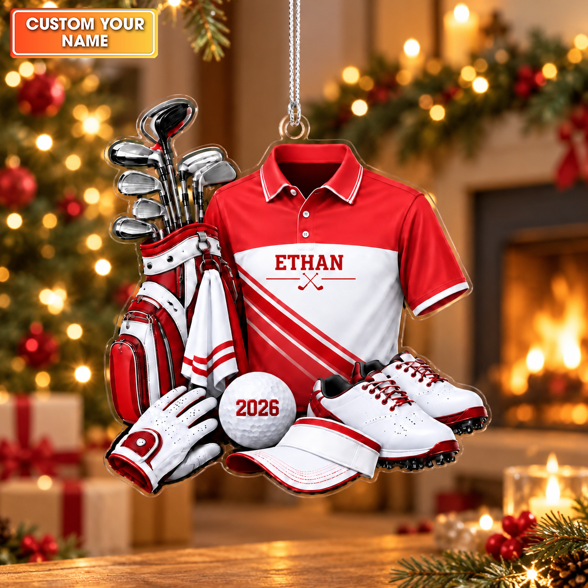 Custom Name Golf Shirt And Bag Acrylic Ornament, Christmas Gifts, Gifts For Golfers