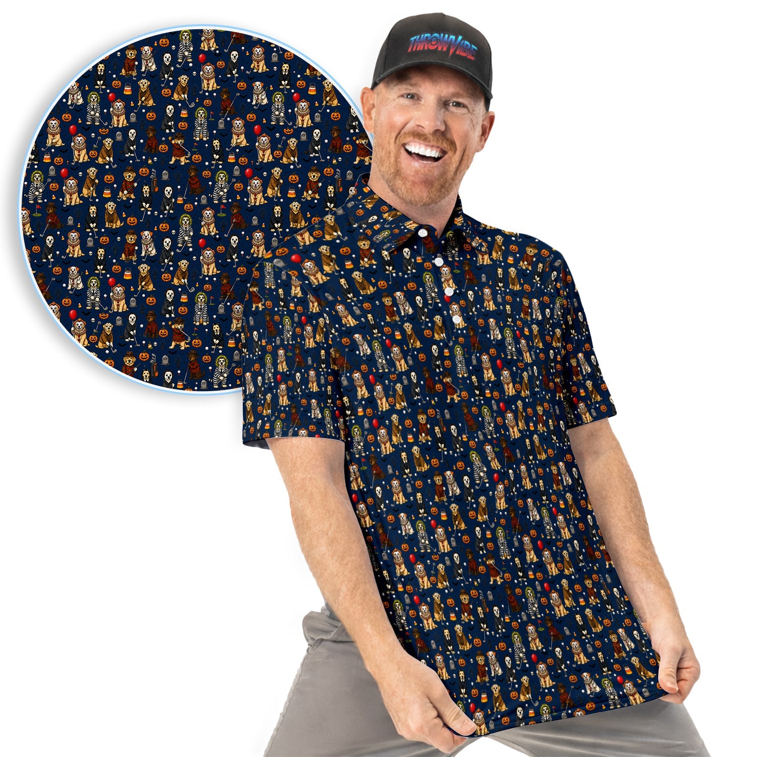 Funny Horror Dog Halloween Golf Pattern Shirt, Spooky Movie Dog Golf Shirt For Men, Halloween Golfer Gift