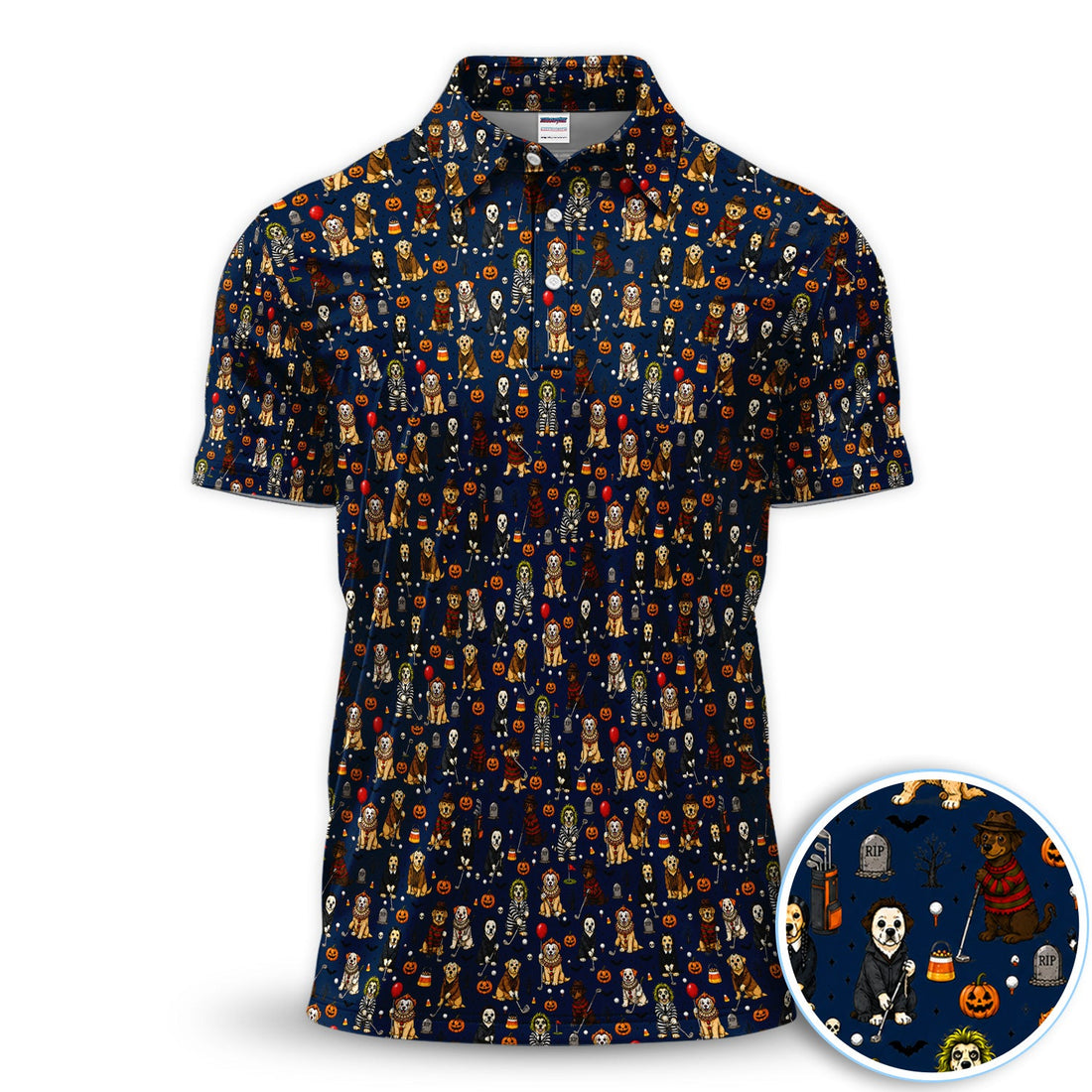 Funny Horror Dog Halloween Golf Pattern Shirt, Spooky Movie Dog Golf Shirt For Men, Halloween Golfer Gift
