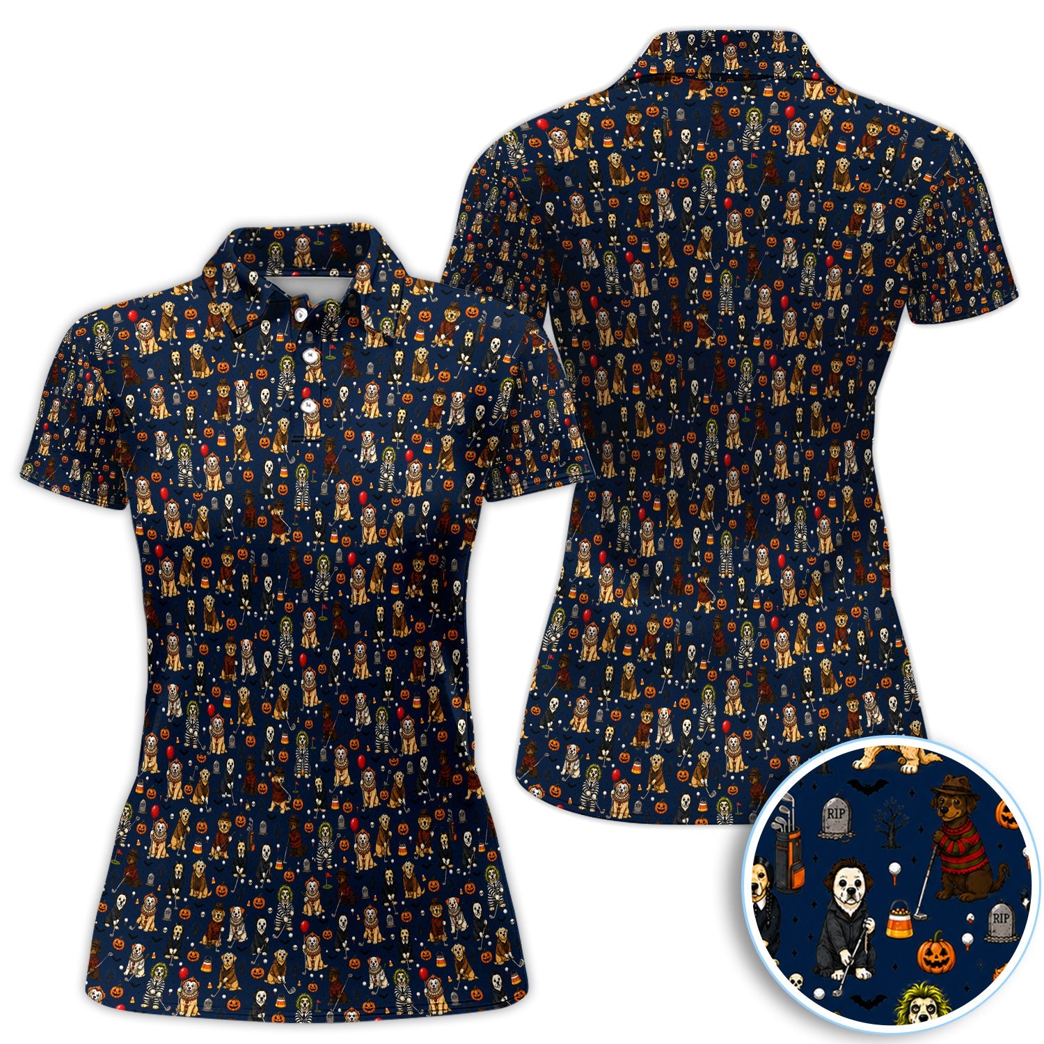 Funny Horror Dog Halloween Golf Pattern Shirt, Spooky Movie Dog Golf Shirt For Men, Halloween Golfer Gift