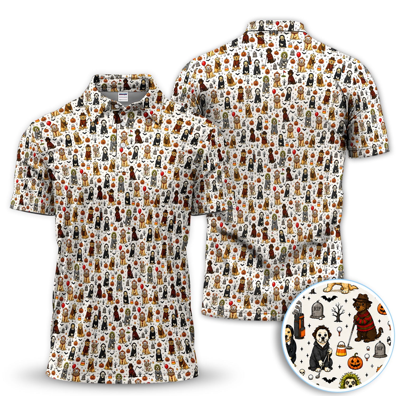 Funny Horror Dog Halloween Golf Pattern Shirt, Spooky Movie Dog Golf Shirt For Men, Halloween Golf Gift