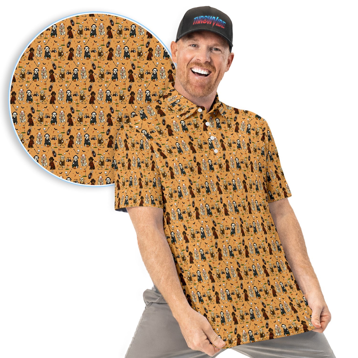 Funny Horror Dog Golf Pattern Shirt, Spooky Movie Dog Golf Shirt For Men, Halloween Golfer Gift