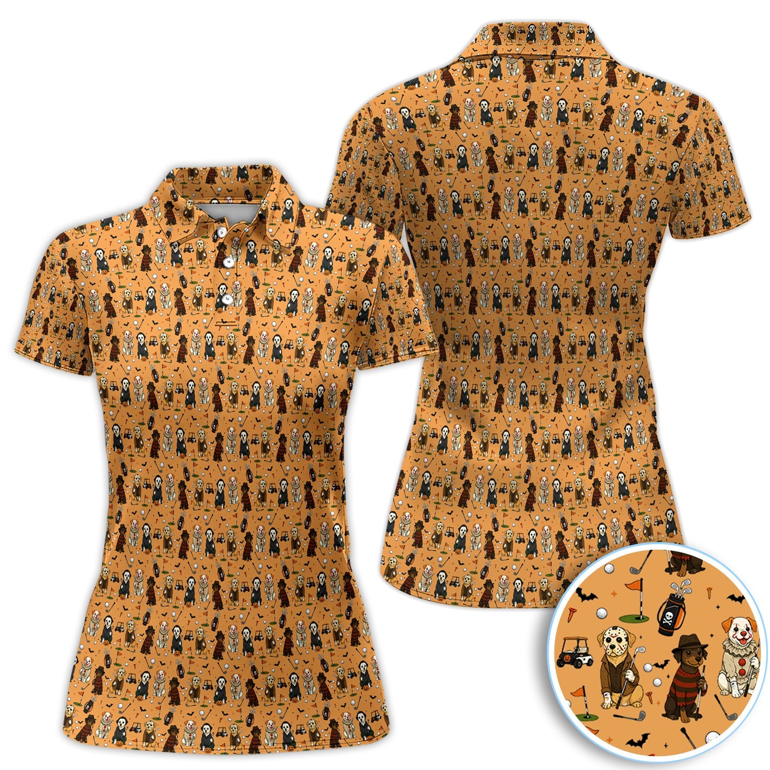 Funny Horror Dog Golf Pattern Shirt, Spooky Movie Dog Golf Shirt For Men, Halloween Golfer Gift