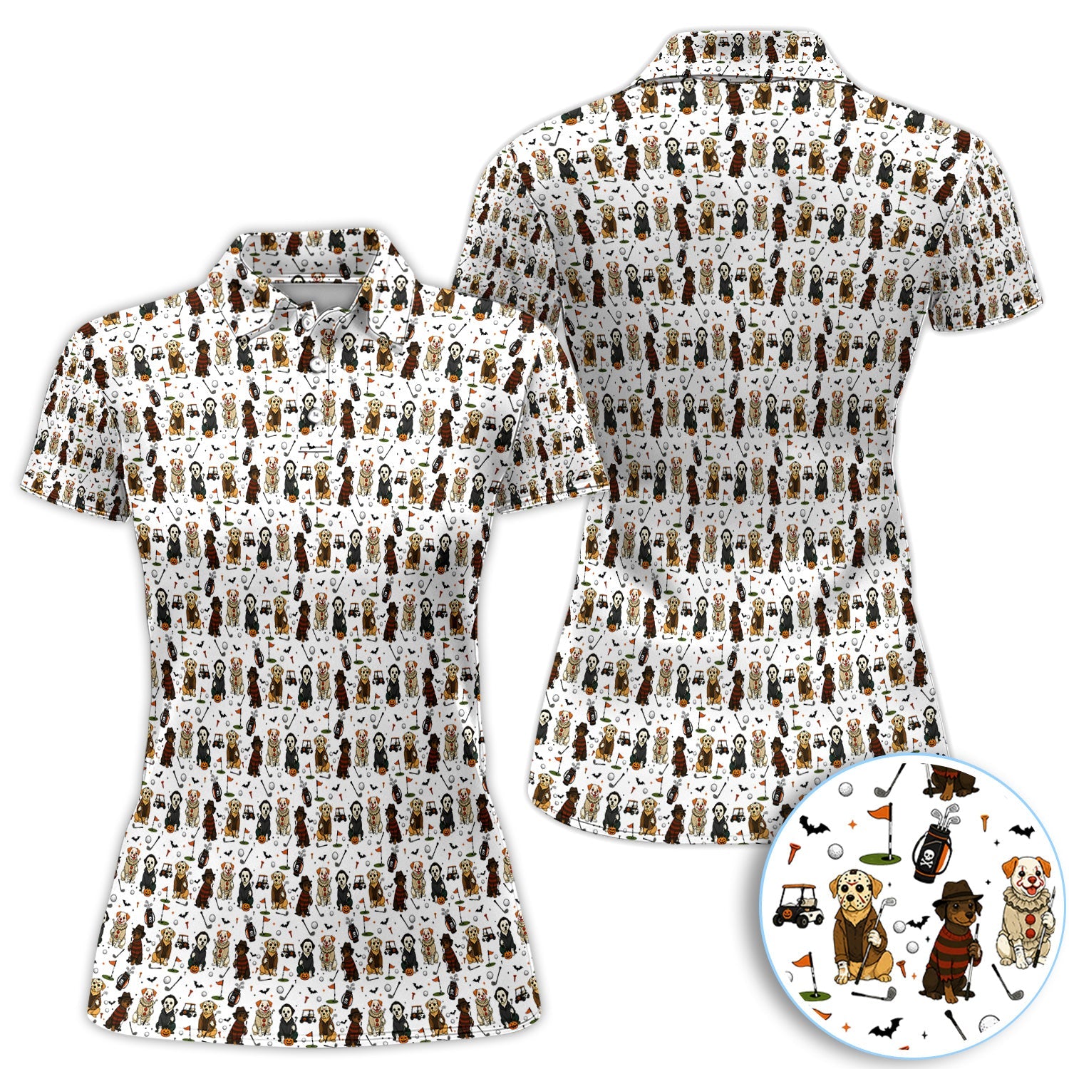 Spooky Slasher Dog Golf Pattern Shirt, Horror Pup Golf Polo For Men, Halloween Golf Lover Gift