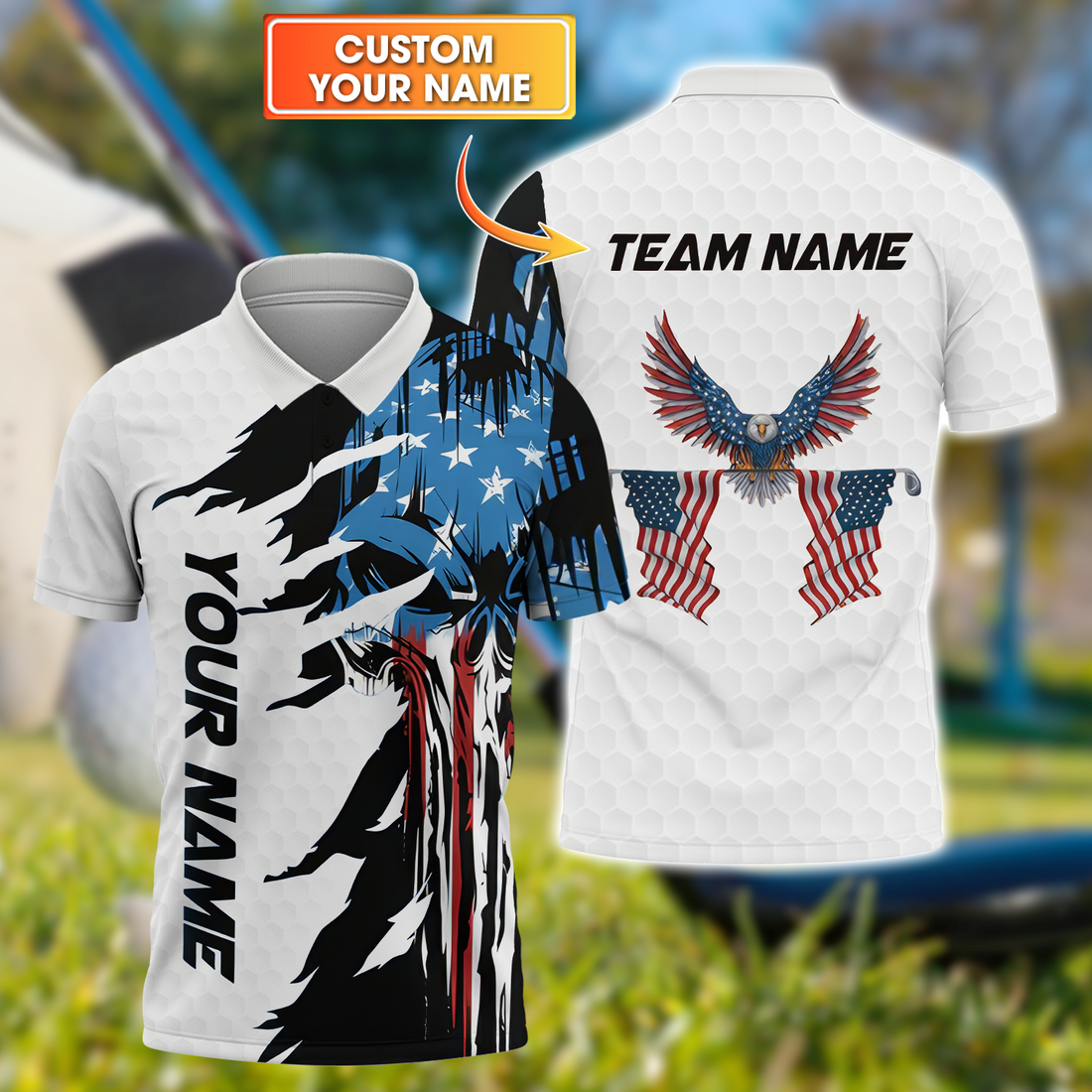 Skull US Flag White Custom Men's Golf Polo ShirtGolfing Apparel, Mens Golf Gift