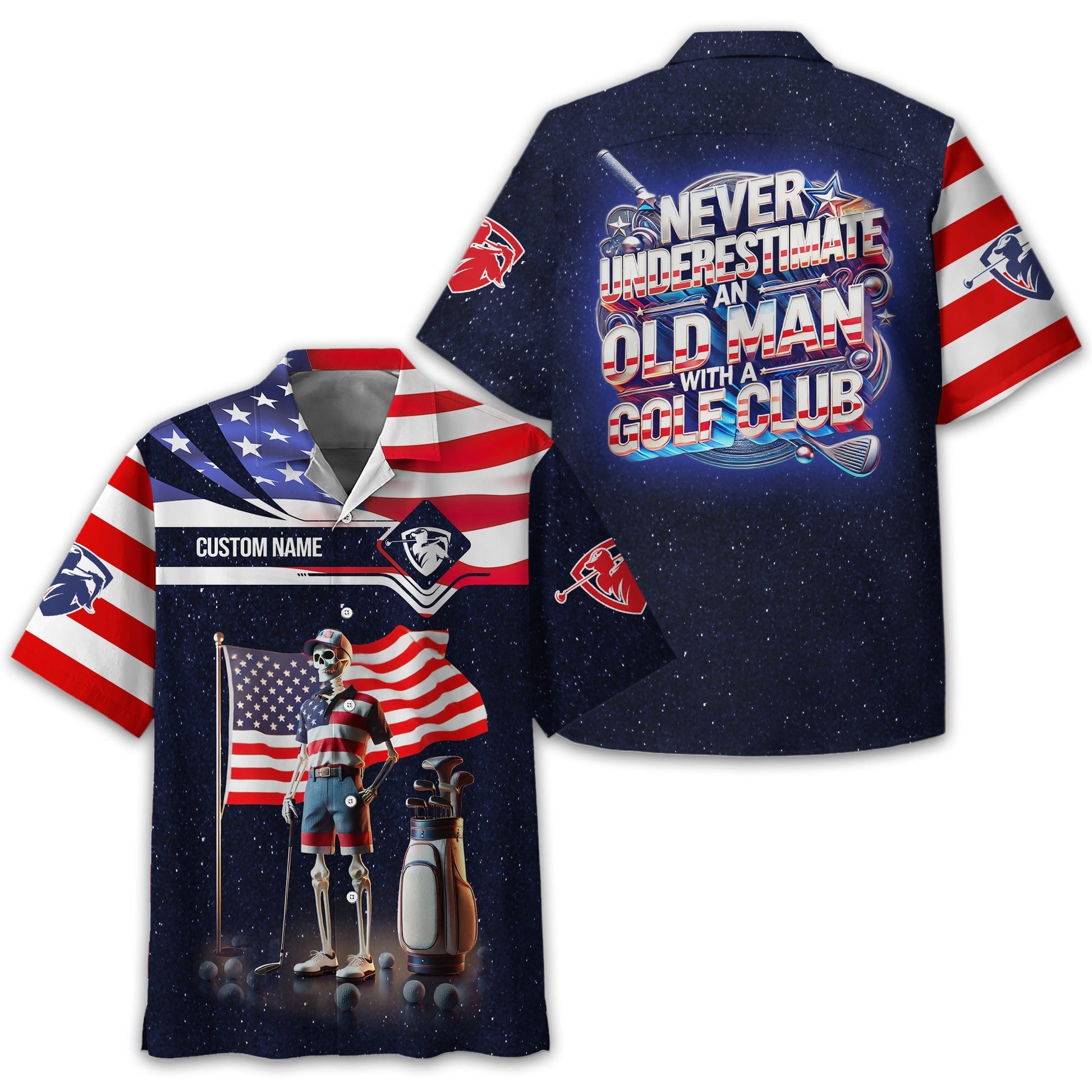 Never Underestimate An Old Man, USA Flag Shirt, Personalized Golf Shirt, Patriotic Golf Shirt, Unique Gift For Golfer