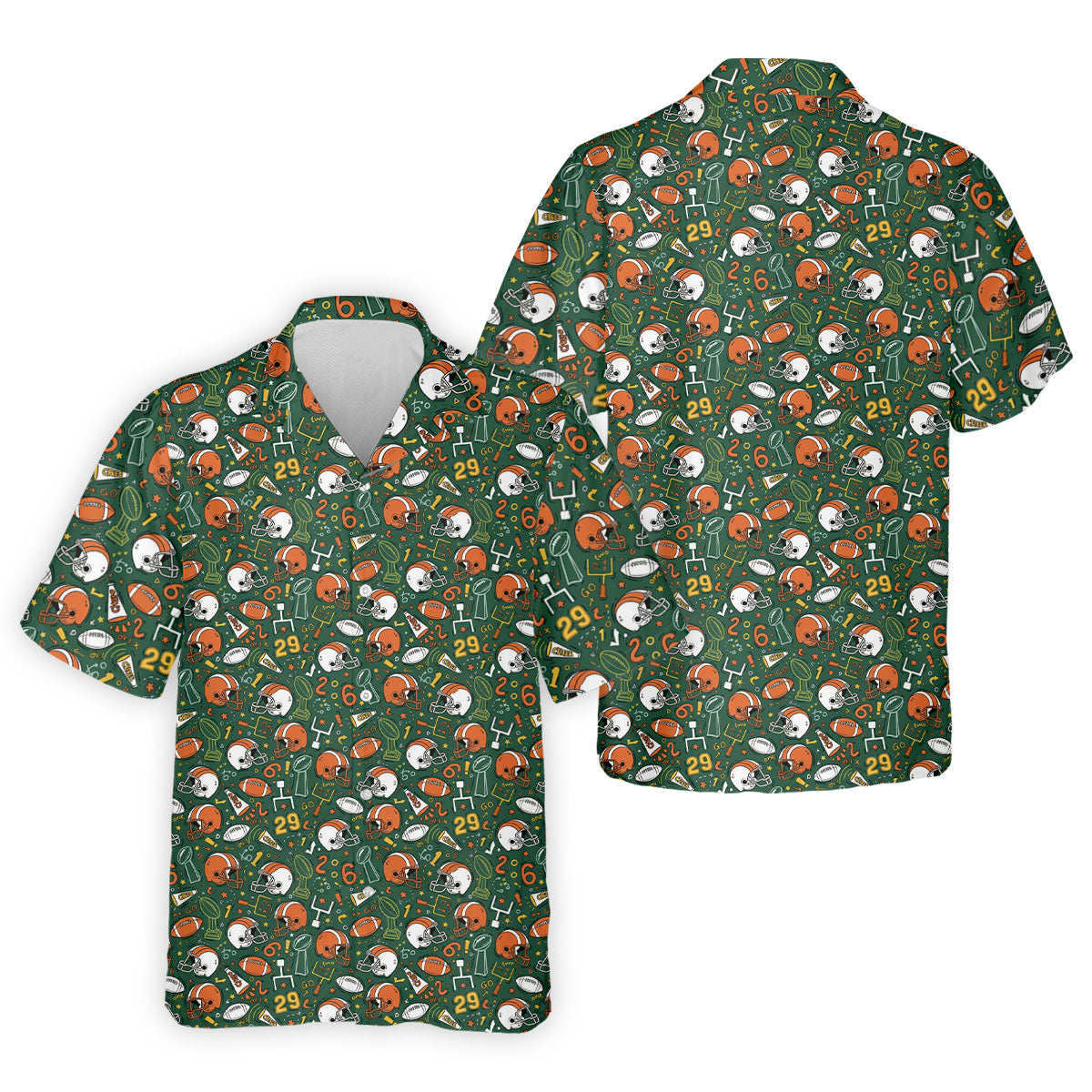 Orange And White Football Helmet Trophy Pattern Green Men Polo, Game Day Football Theme Polo For Men