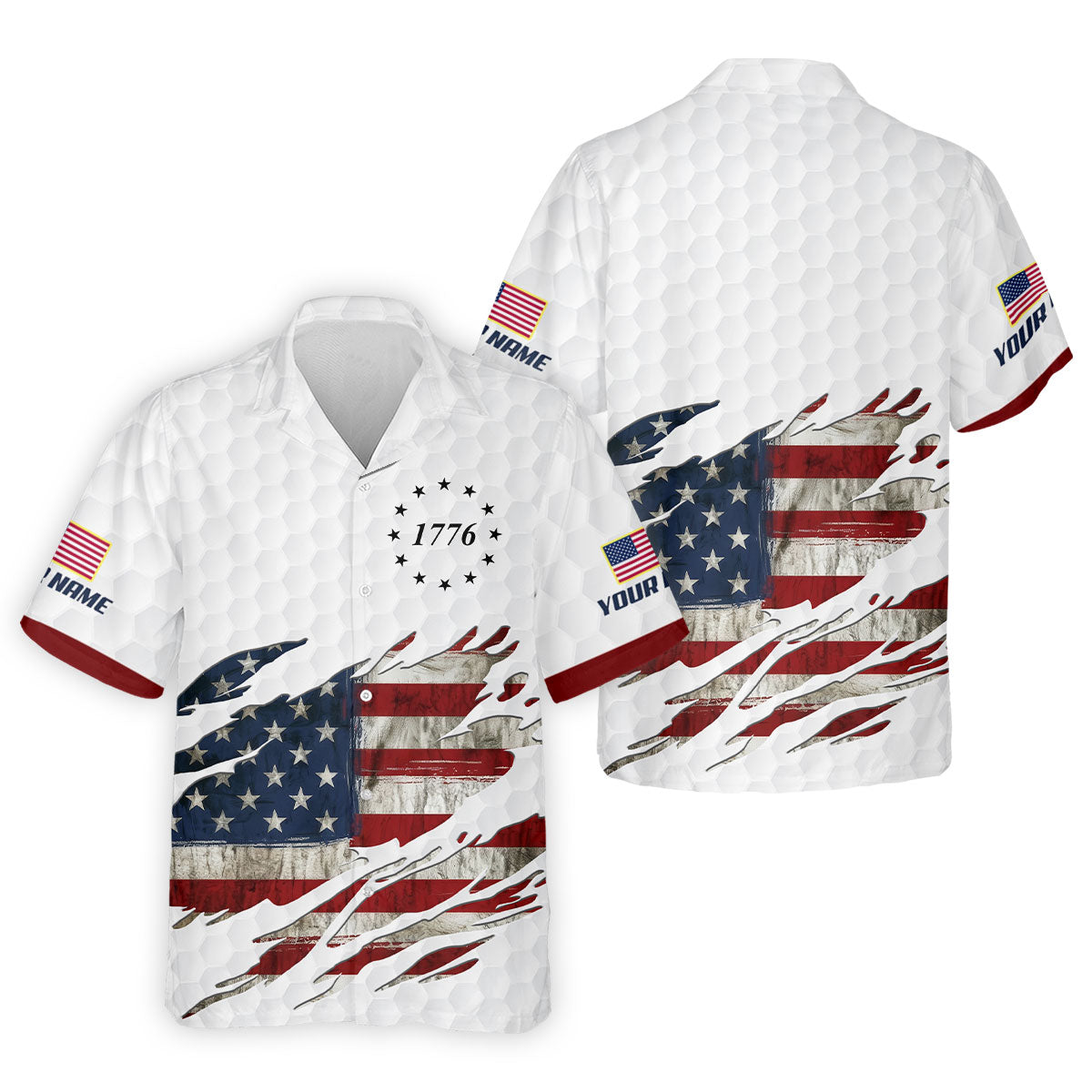 American Flag 1776 Golf Ball Pattern Golf Shirts For Men, 250th Anniversary Polo Shirt Men