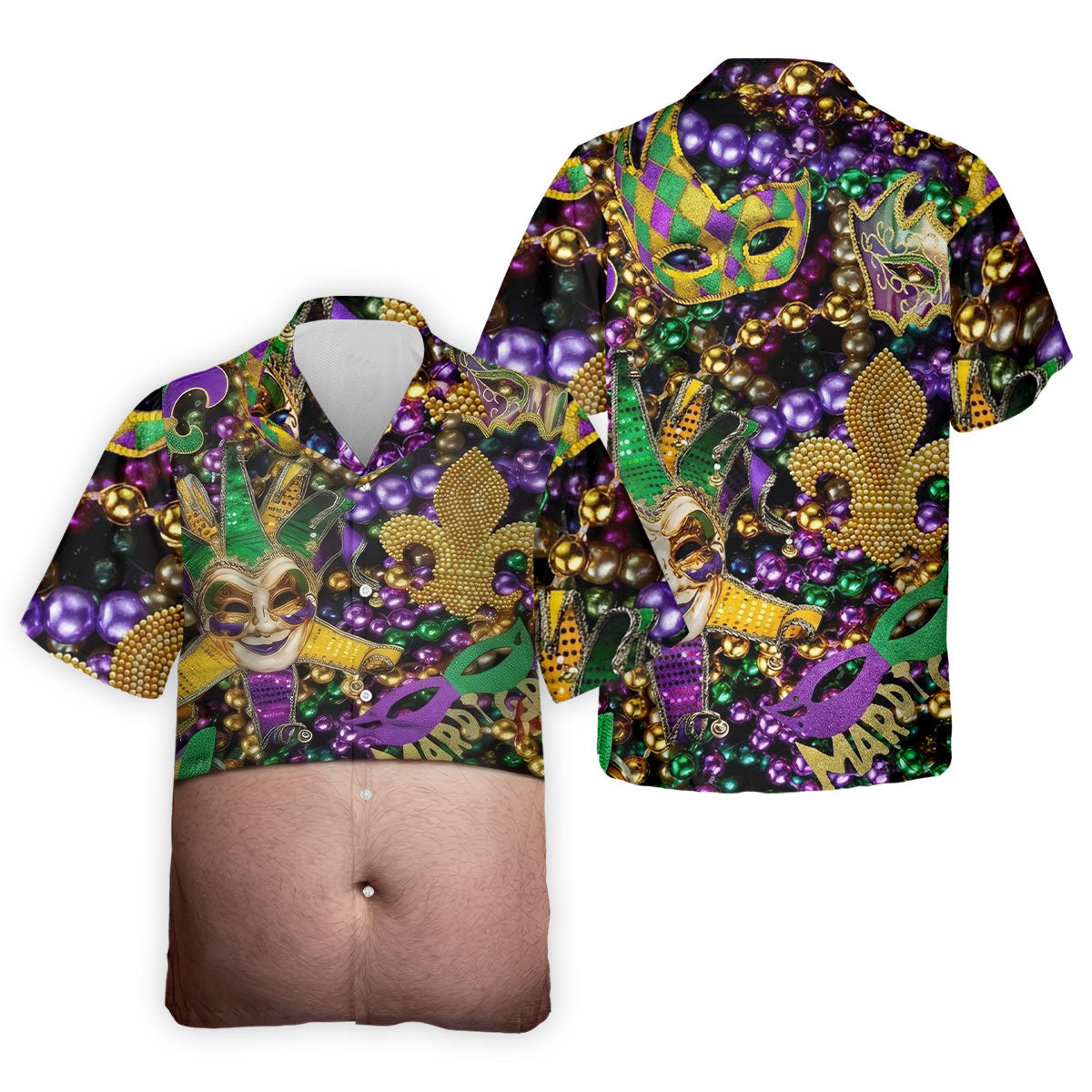 Mardi Gras Purple Green Gold Fleur De Lis Jester Mask Funny Tummy Golf Shirts For Men, Men's Funny Golf Shirts