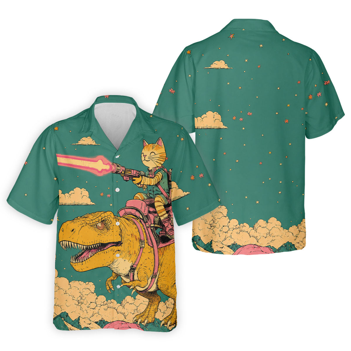 Laser Cat Dinosaur Golf Shirt, Retro Sci Fi T Rex Adventure Pattern, Golf Shirt For Men