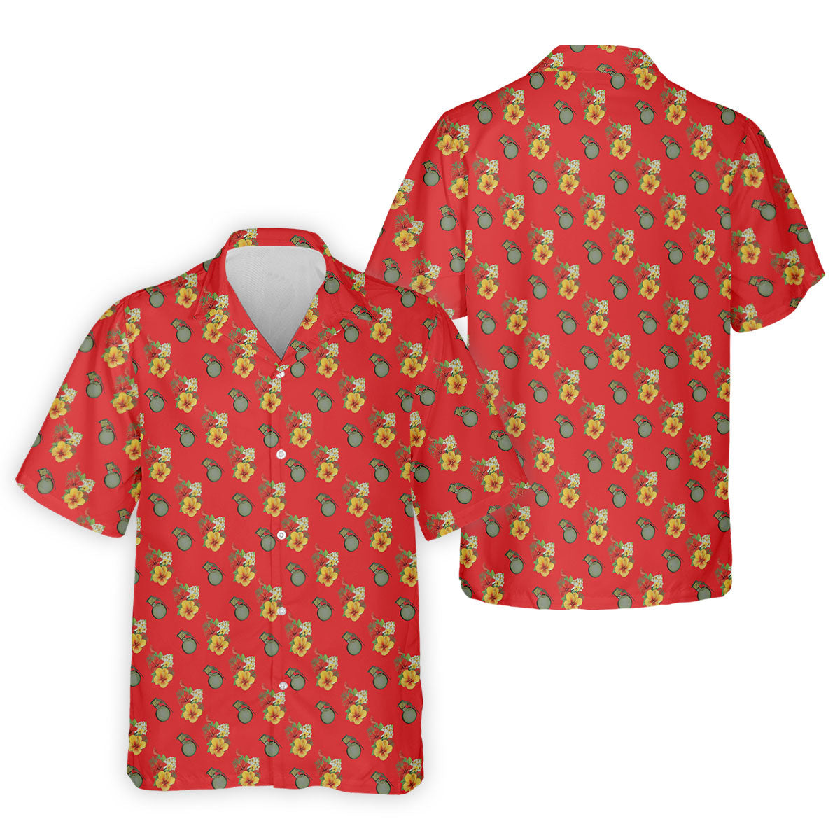 Hibiscus Flowers Green Grenades Seamless Pattern Red Golf Shirt, Golf Tops For Men, Golf Shirts For Men