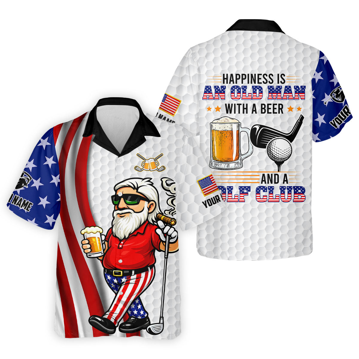 Happiness Is An Old Man With A Beer Funny 4th Of July White Golf Shirt, 250th Anniversary Golf Shirts For Men