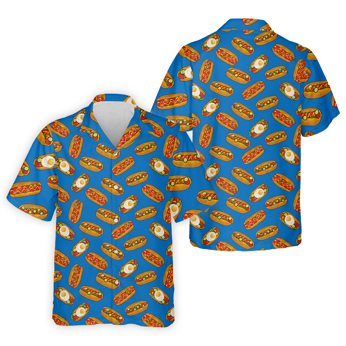 Blue Hot Dog And Fried Egg Pattern Golf Shirt, Hawaiian Golf Shirt, Mens Golf Shirts, Golf Apparel For Men