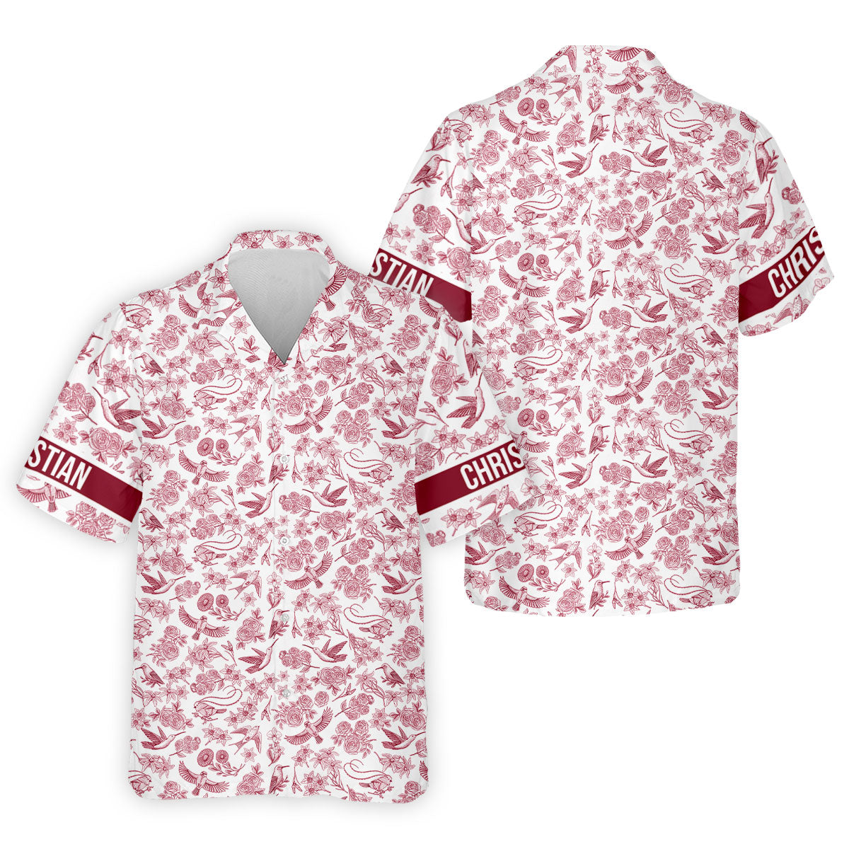 Custom Name Toile de Jouy Birds And Flowers White And Red Polo ShirtFor Men, Golf Gift For Men