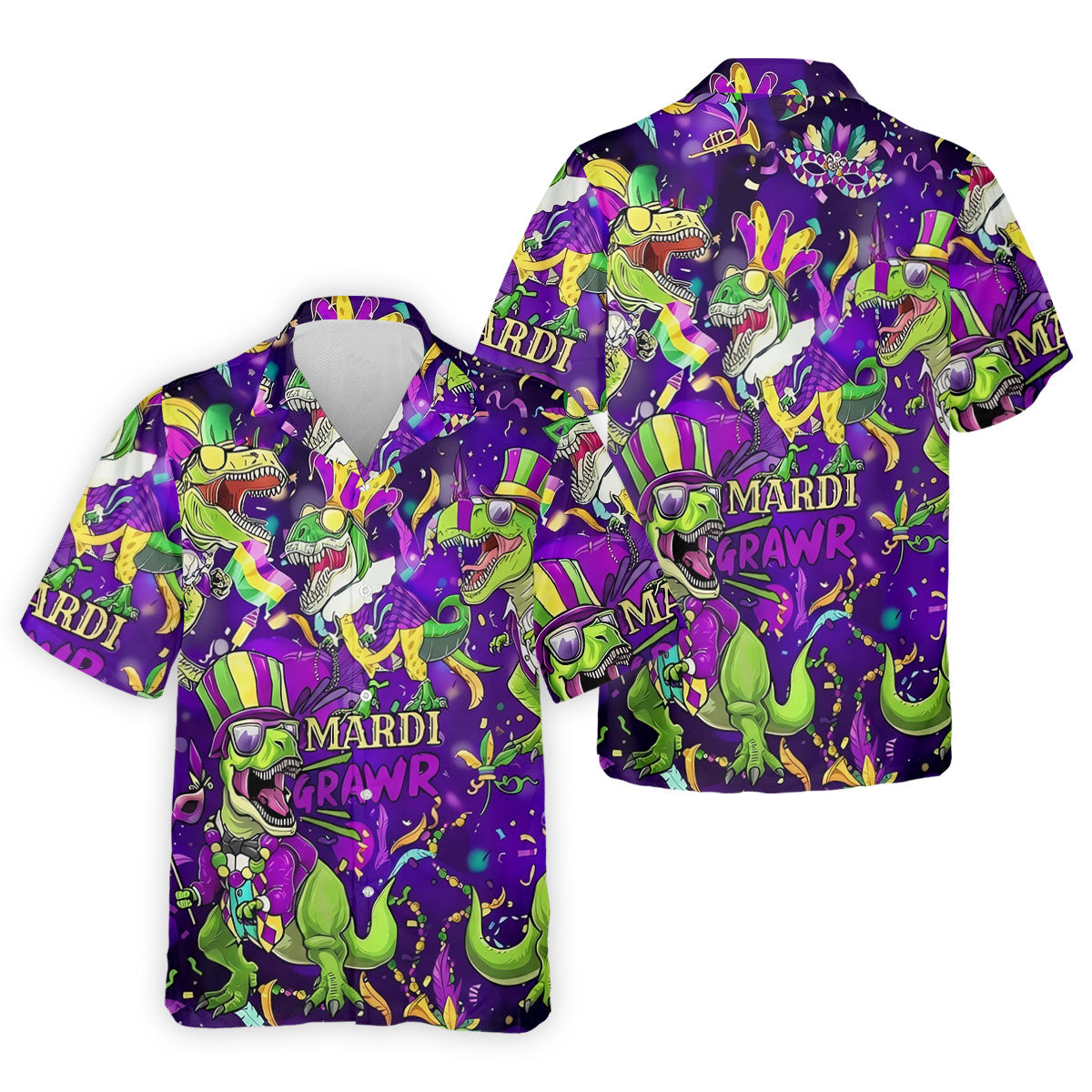 Mardi Grawr Purple Green Gold Funny Dinosaur Mardi Gras Golf Shirt, Golf Shirts For Men, Polo ShirtFor Men
