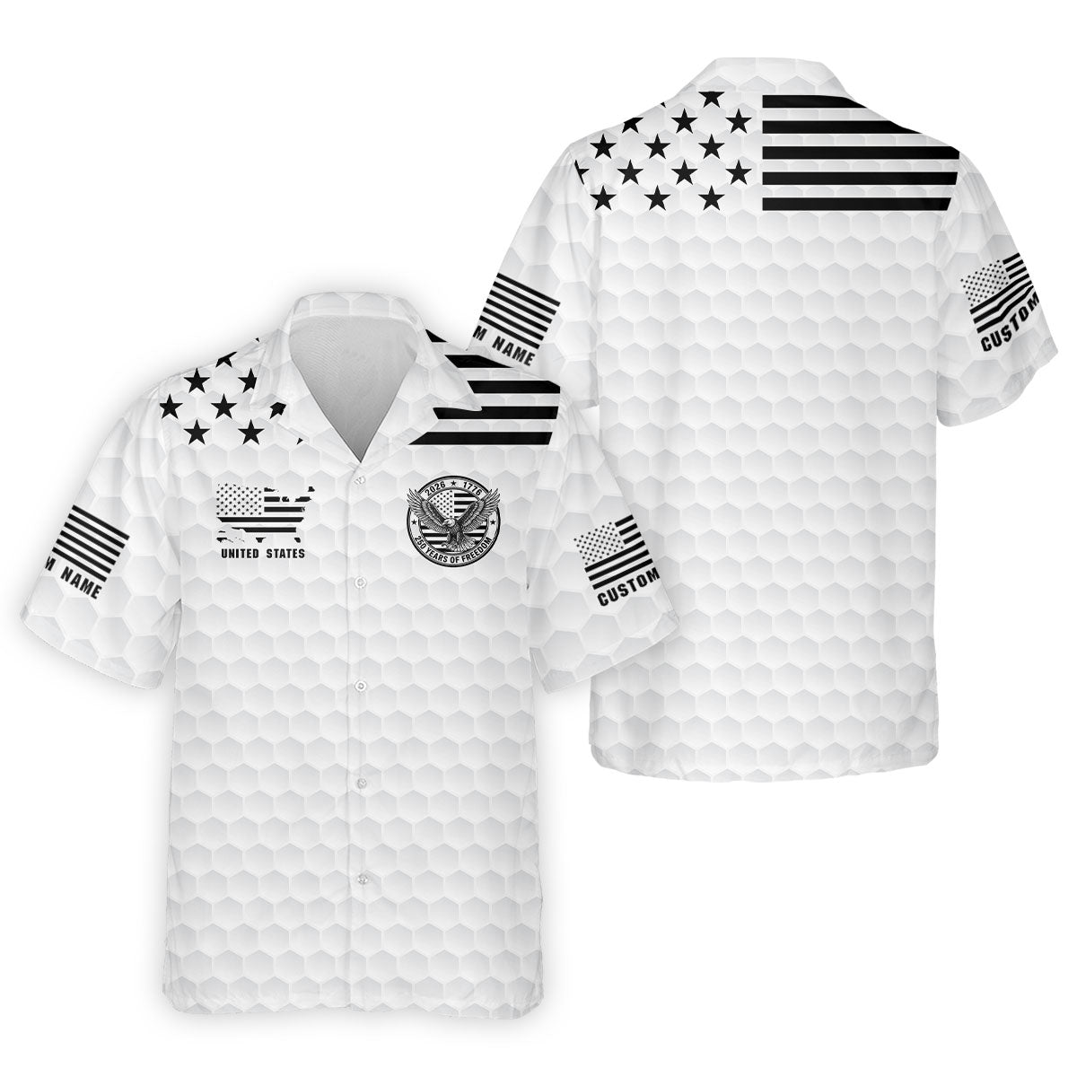 250 Years Of Freedom Golf Ball Pattern White Golf Shirt, 4th Of July Patriotic Golf Shirts For Men