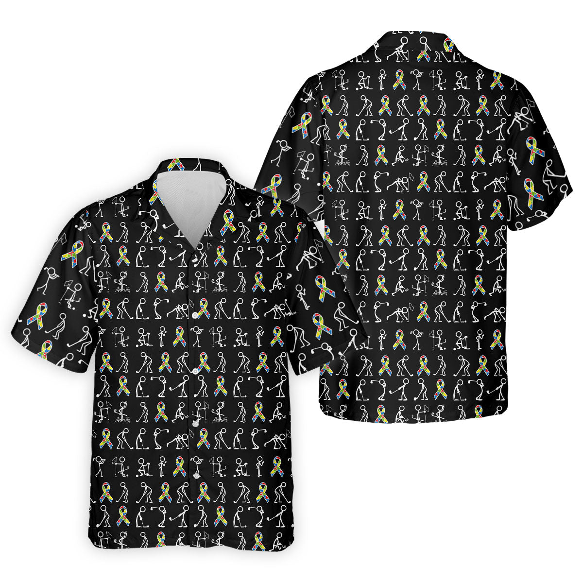 Stick Figure Golf Pose Autism Ribbon Black Golf Shirt, Autism Awareness Colors Golf Shirts For Men