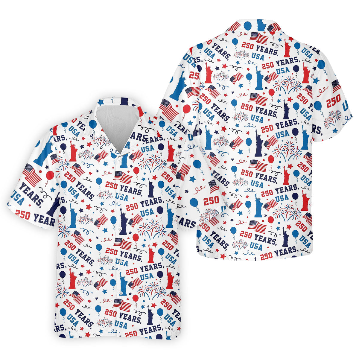 250 Years USA Red White Blue Seamless Pattern White Golf Shirt, Patriotic 4th Of July Golf Shirts For Men