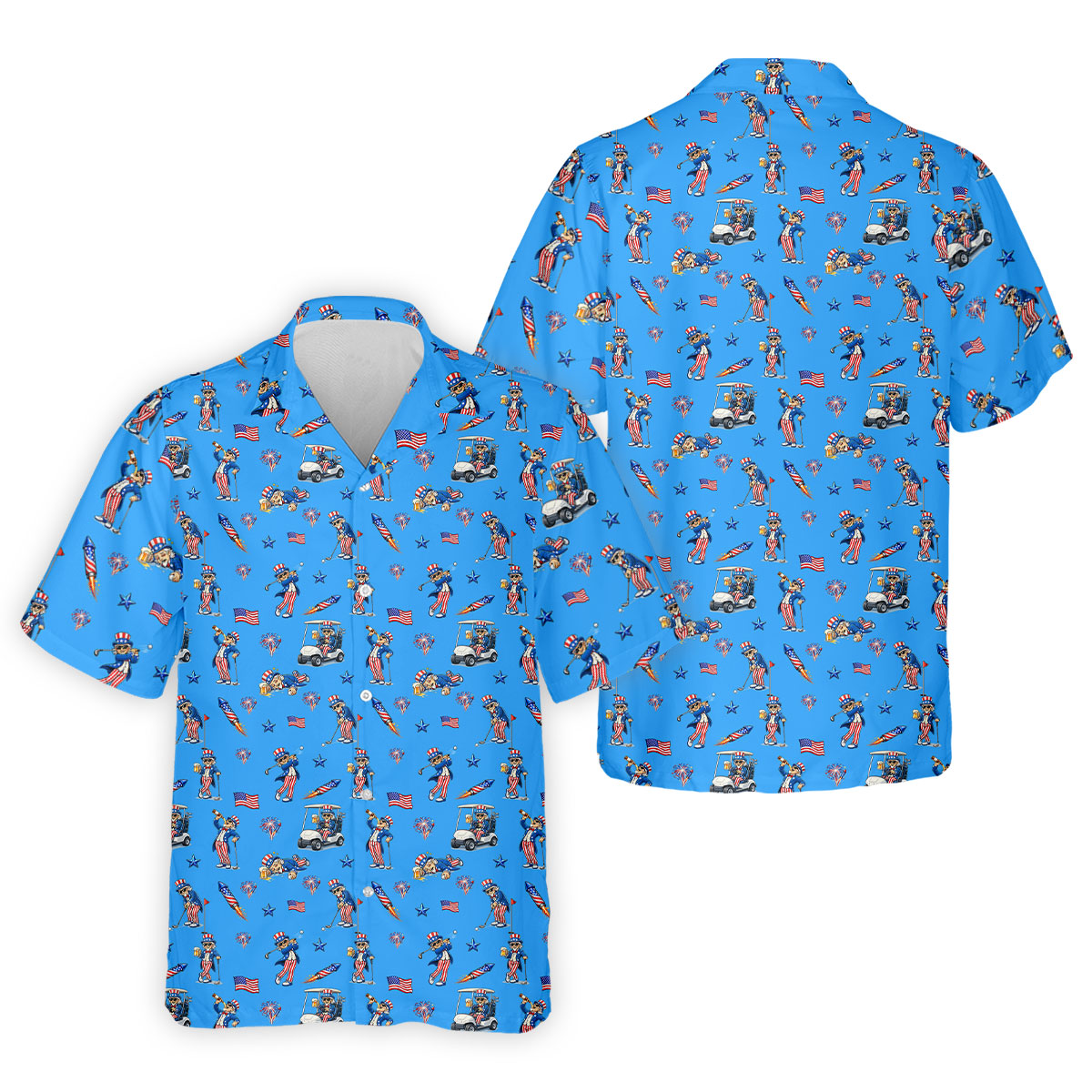 Patriotic Man Golf And Beer Funny 4th Of July Blue Golf Shirt, 250 Years Seamless Pattern Golf Shirts For Men