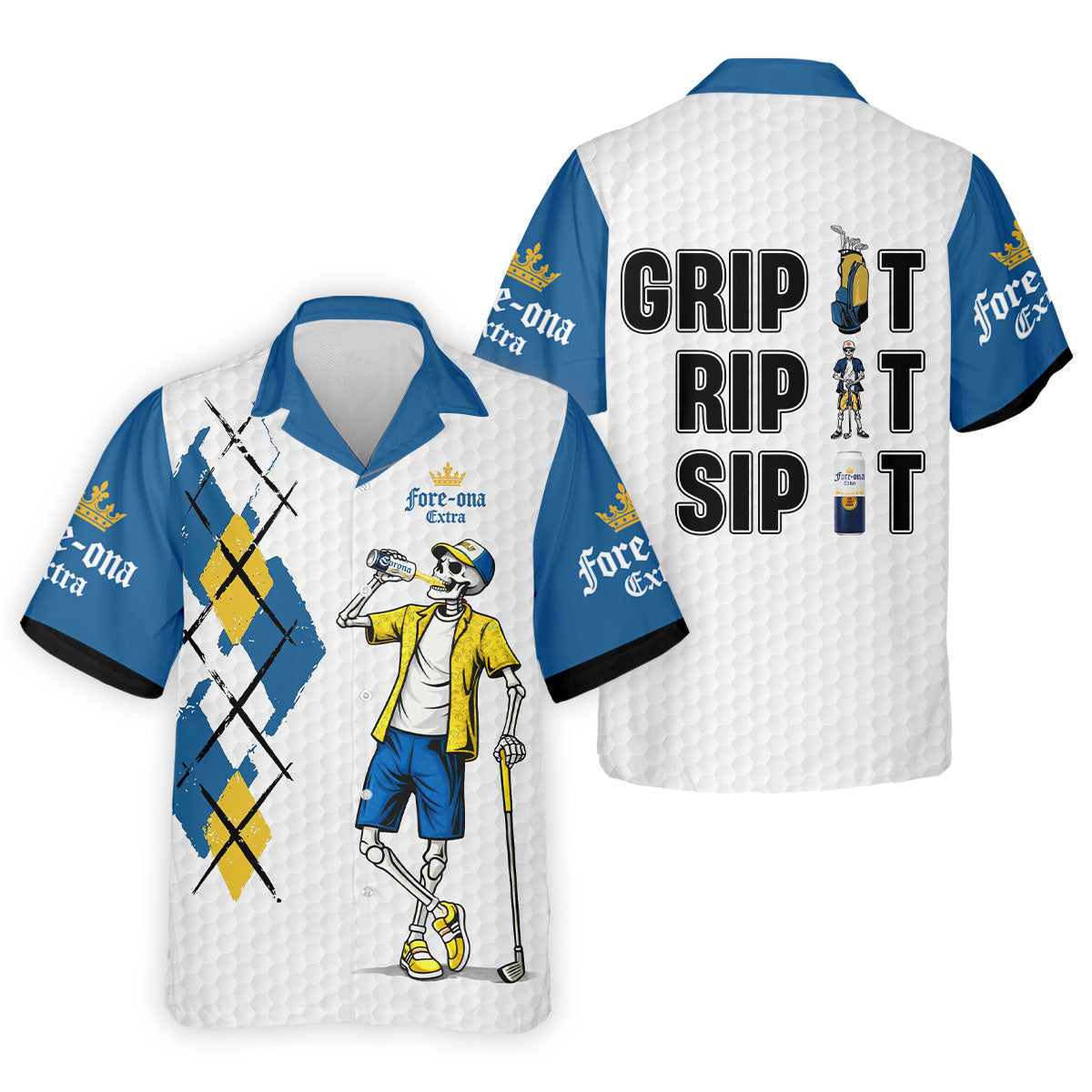 Blue Yellow Skeleton Golfer Beer Polo Shirt, Mens Golf Polo, Golf Apparel For Men