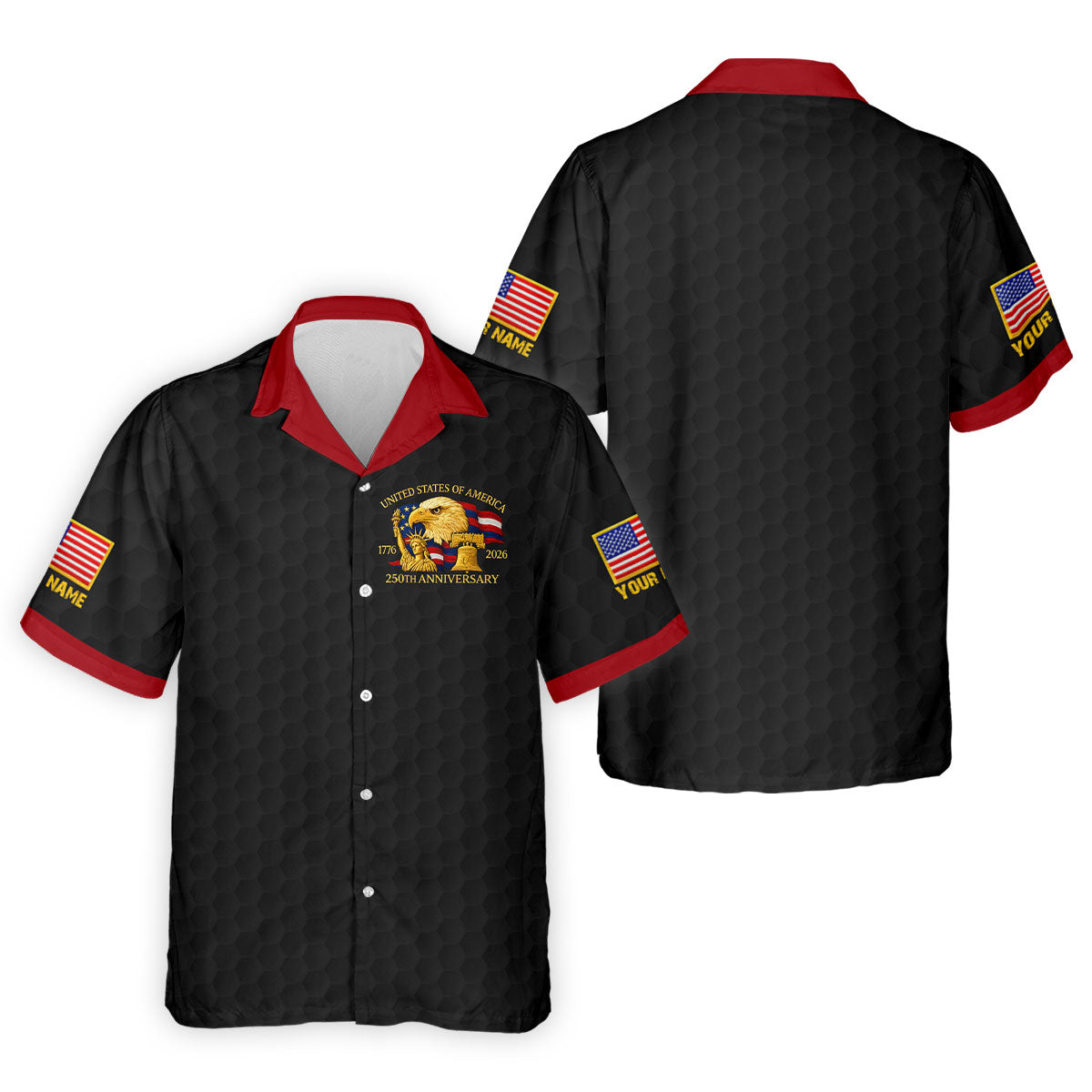 United States 250th Anniversary Patriotic Eagle Black Custom Golf Shirts, 4th Of July Golf Shirts For Men