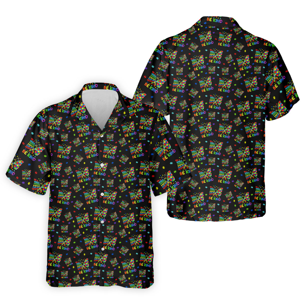 In A World Where You Can Be Anything Be Kind Rainbow Butterfly Autism Awareness Black Golf Shirt, Golf Shirts For Men