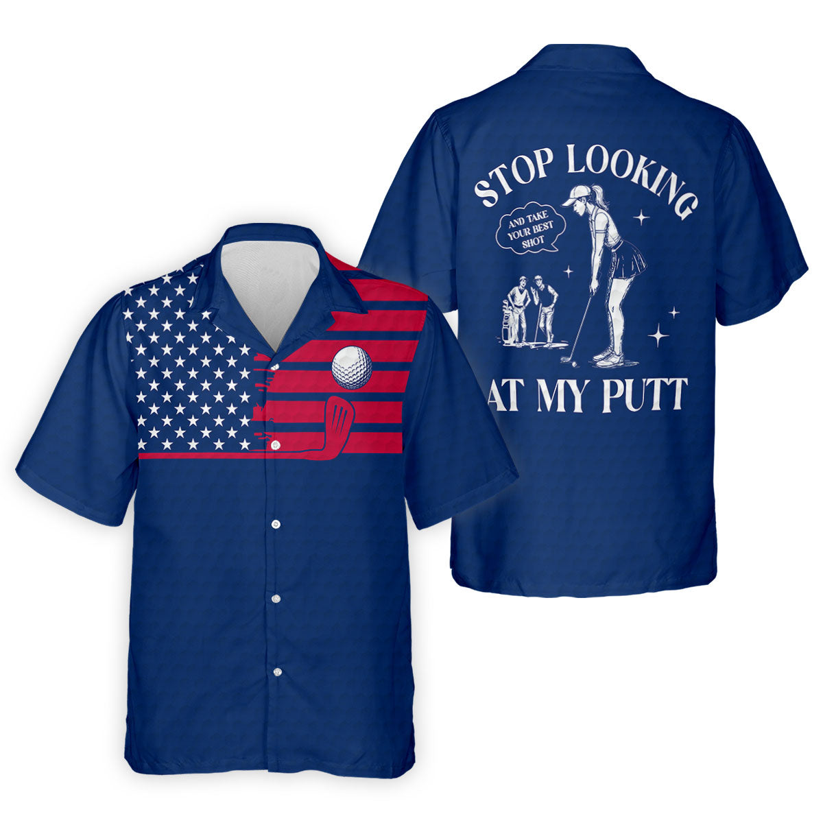 Stop Looking At My Putt US Flag Pattern Funny Golf Shirt, 250 Years 4th Of July Patriotic Golf Shirts For Men