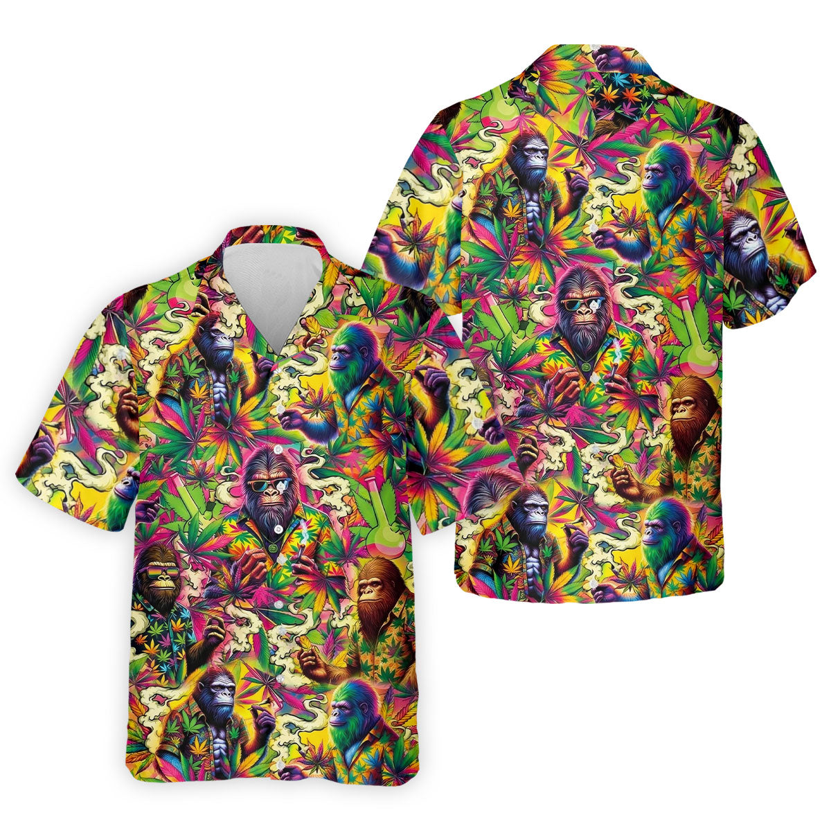 Psychedelic Bigfoot Cannabis Leaf Hawaiian Polo Shirt, Mens Golf Shirts, Golf Apparel For Men