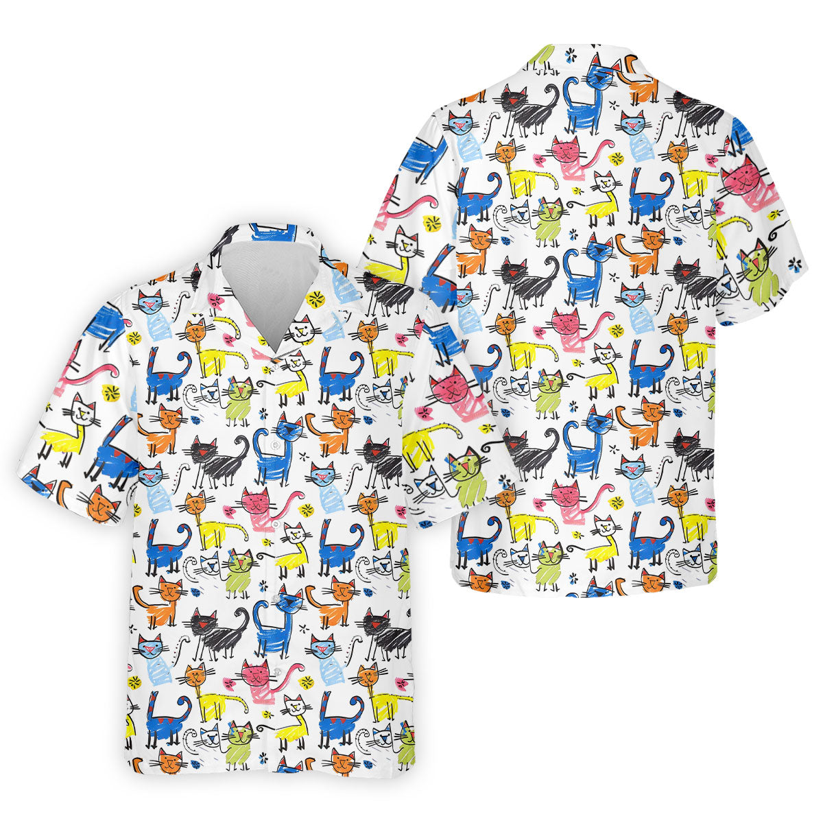Cartoon Cat Golf Shirt, Colorful Doodle Cat Pattern, Polo Shirts For Men