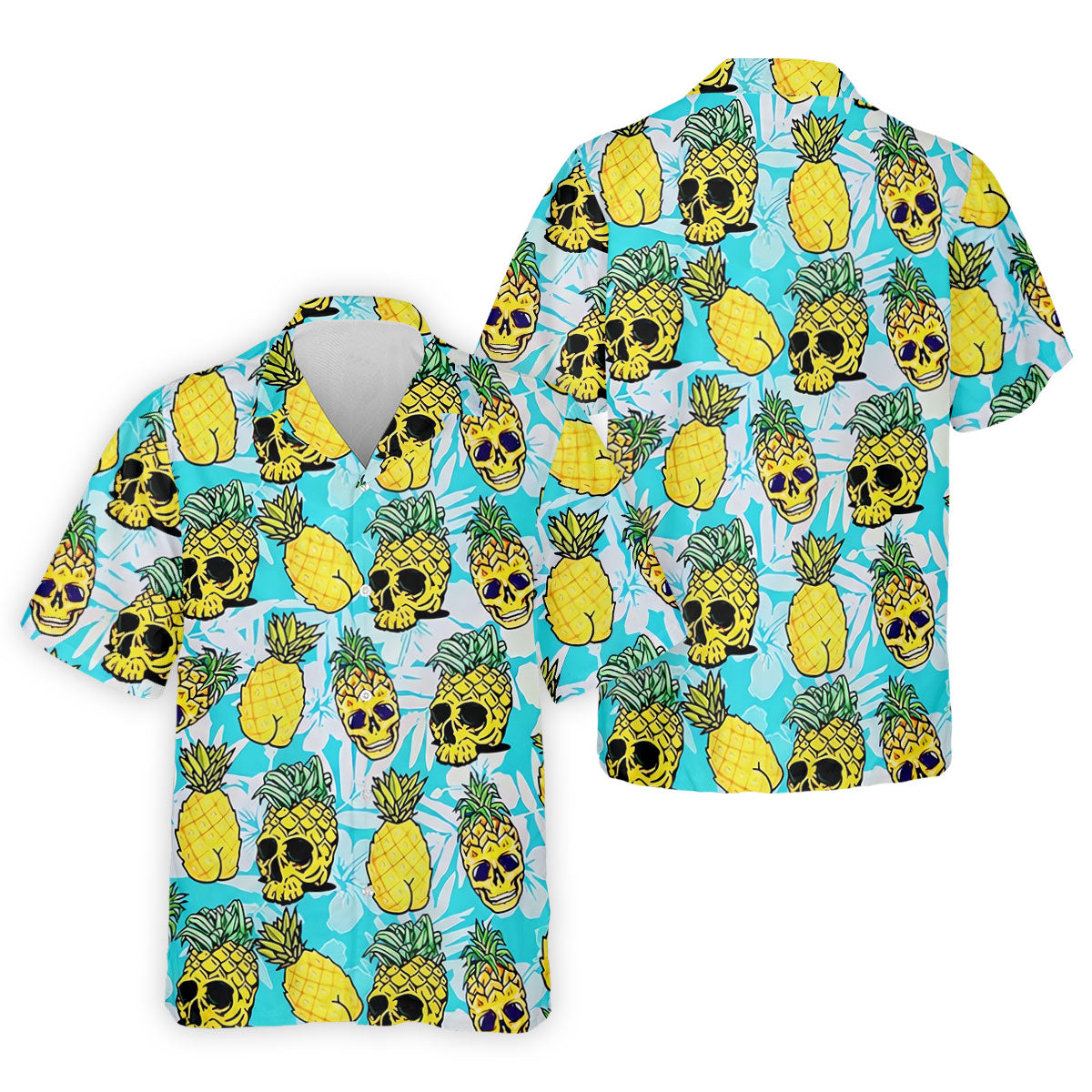 Tropical Pineapple Skull Pattern Golf Shirt, Mens Golf Shirts, Hawaiian Golf Shirt, Golf Apparel For Men