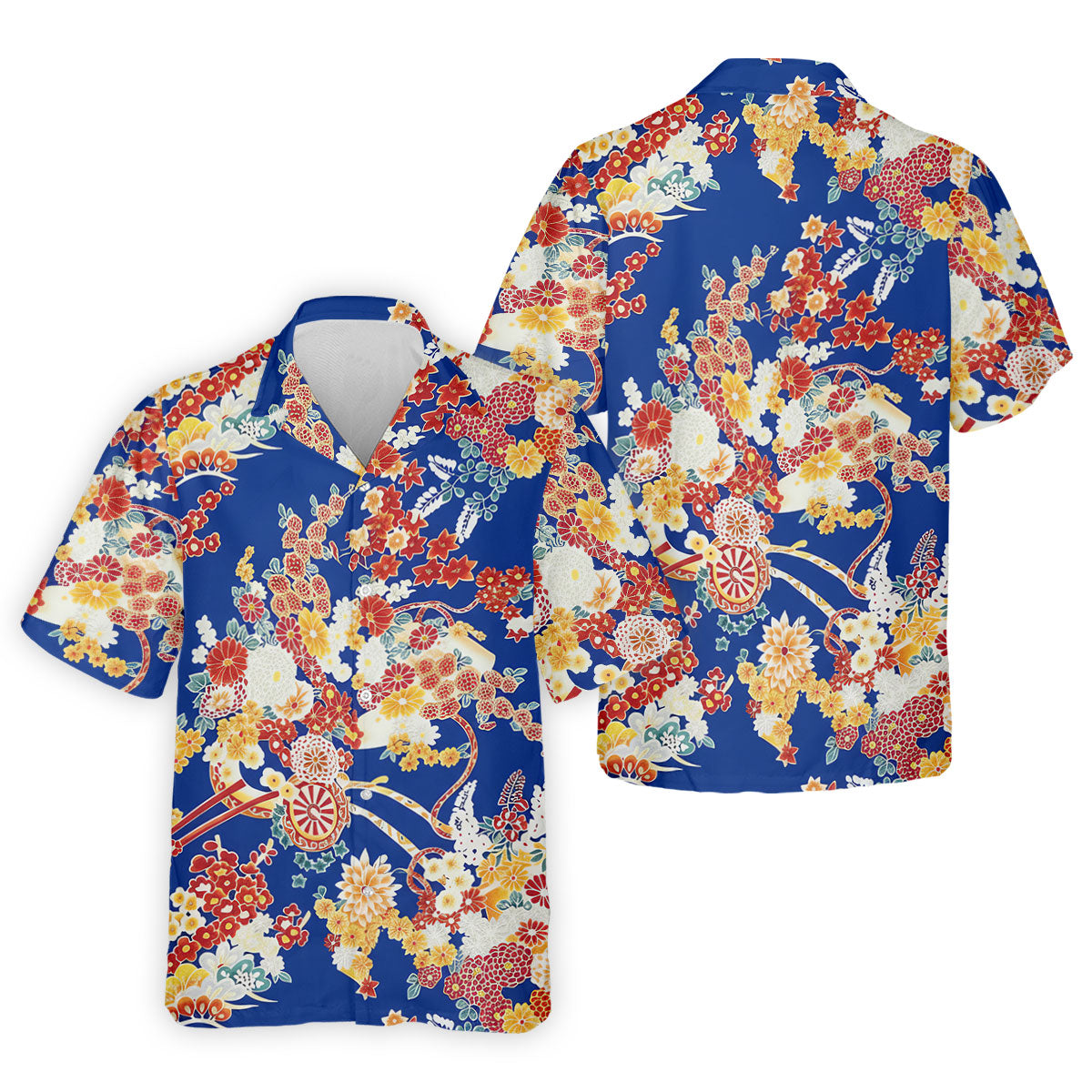 Royal Blue Japanese Floral Pattern Golf Shirt, Mens Golf Apparel, Printed Golf Shirts