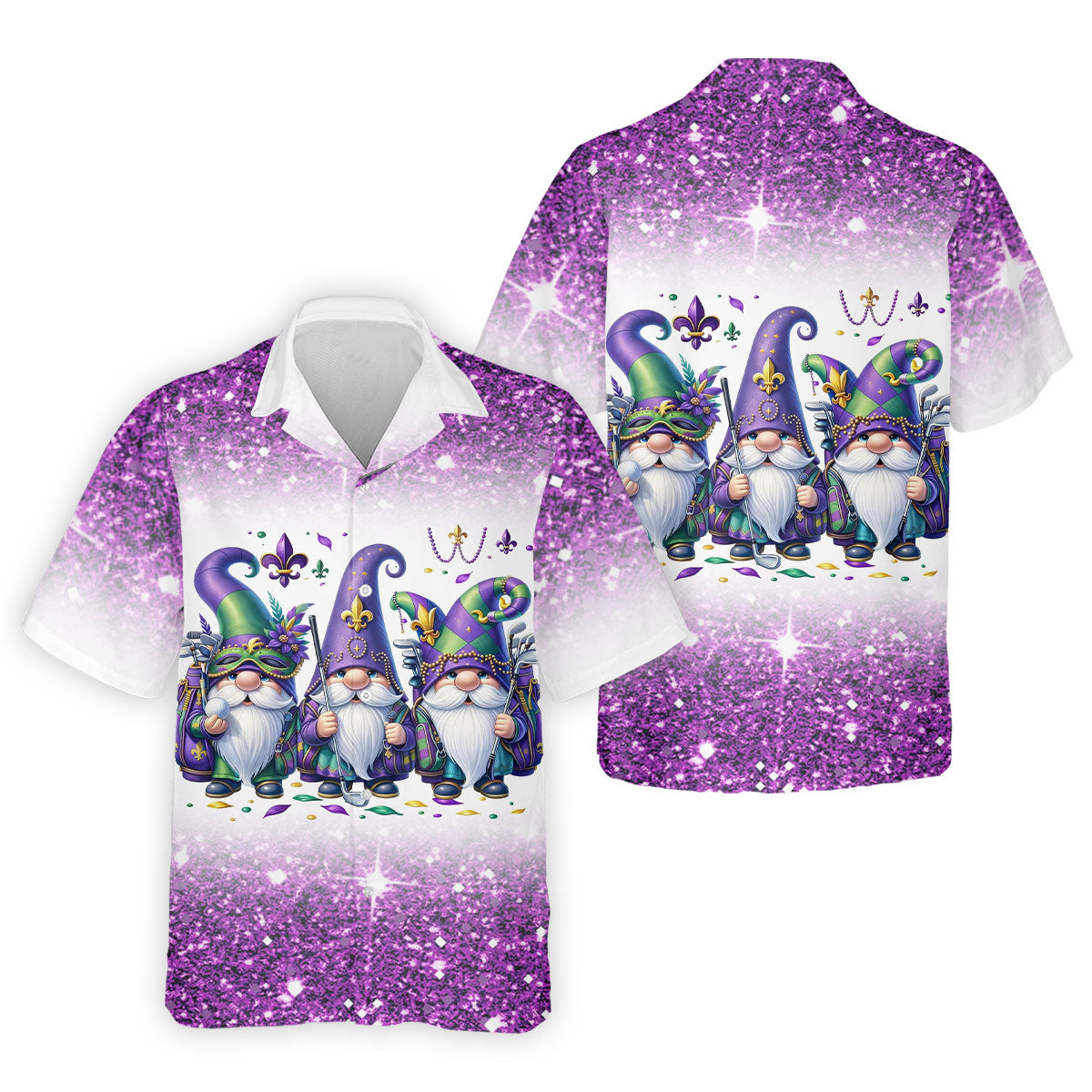 Mardi Gras Gnomes Fleur De Lis Glitter Effect Golf Tops For Men, Polo ShirtFor Men, Golf Shirts For Men