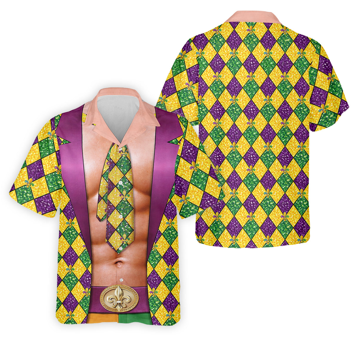Green Purple Gold Argyle Pattern Fun Suit Mardi Gras Print Golf Shirt, Fun Golf Shirts For Men, Polo For Men