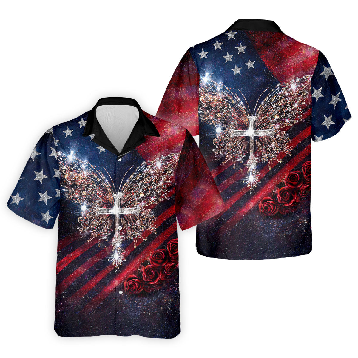 Vintage Faith Rhinestone Butterfly American Flag Golf Shirt, 250 Years Patriotic 4th Of July Golf Shirts For Men