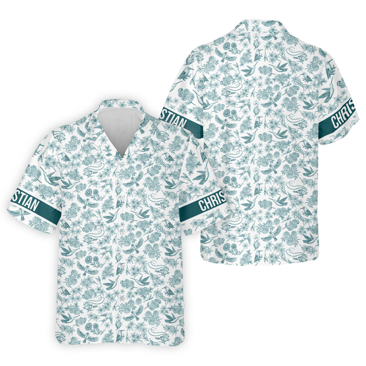 Custom Name Toile de Jouy Birds And Flowers Teal And White Polo ShirtFor Men, Golf Gift For Men