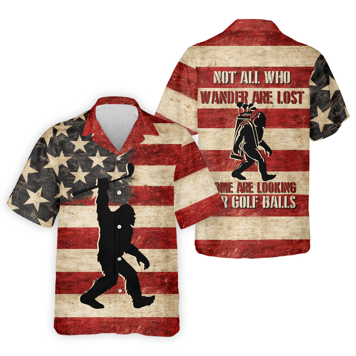 Vintage American Flag Bigfoot Golfer Polo Shirt, Mens Golf Polo, Golf Polo Shirts For Men