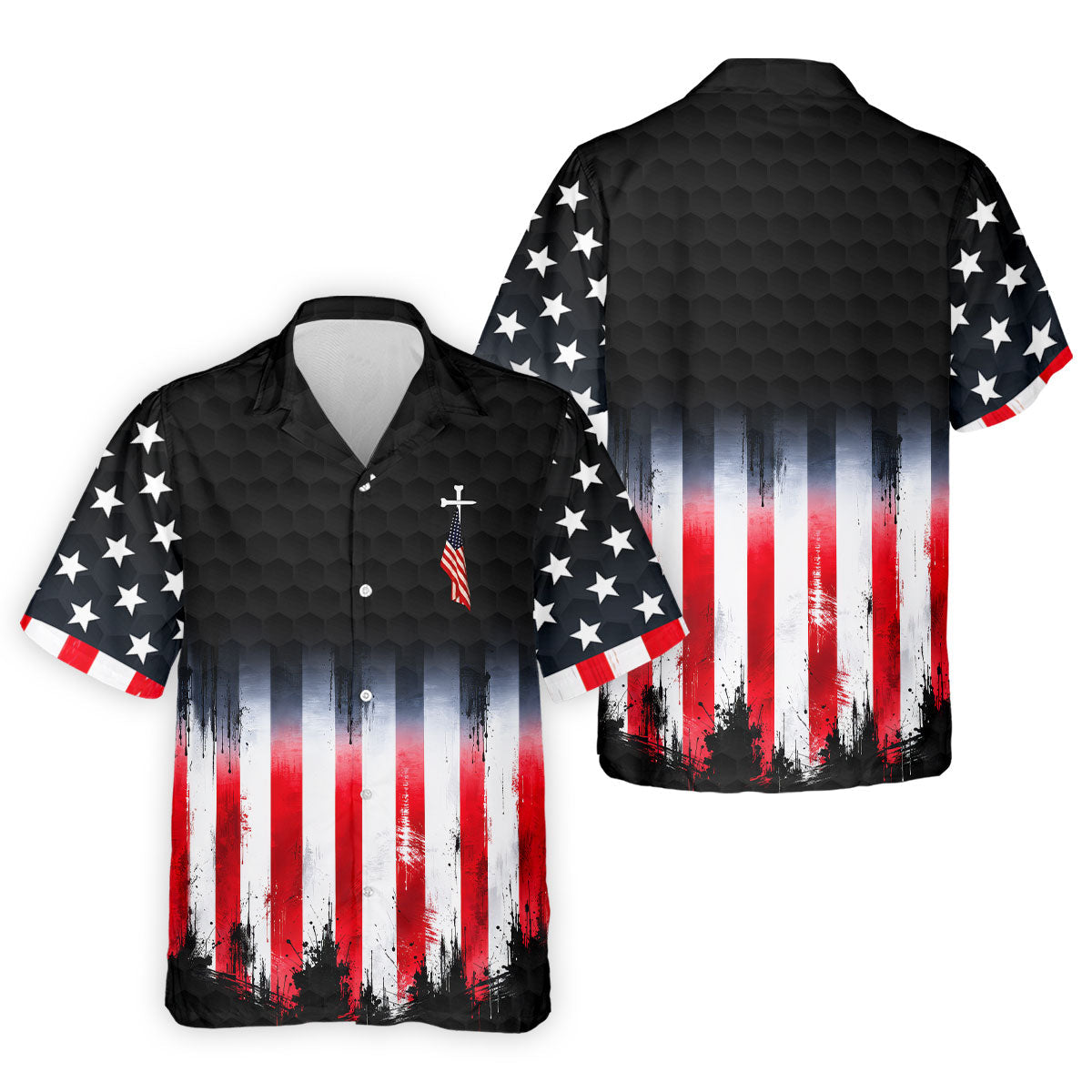 Faith Cross American Flag Patriotic Golf Ball Pattern 4th Of July Golf Shirt, 250th Anniversary Golf Shirts For Men