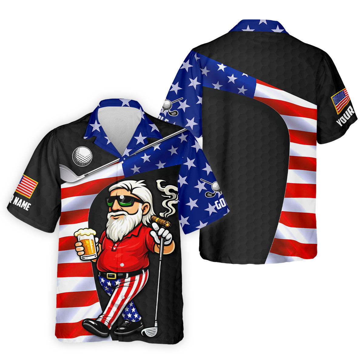 Golf And Beer Patriotic Man Golf Ball Pattern 4th Of July Black Golf Shirt, 250th Anniversary Golf Shirts For Men