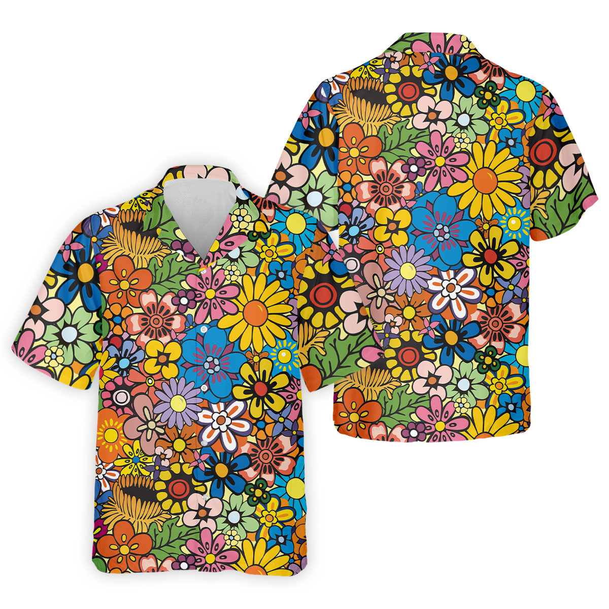 Multicolor Retro Flower Power Golf Shirt, Mens Golf Polo, Hawaiian Golf Shirt, Golf Apparel For Men