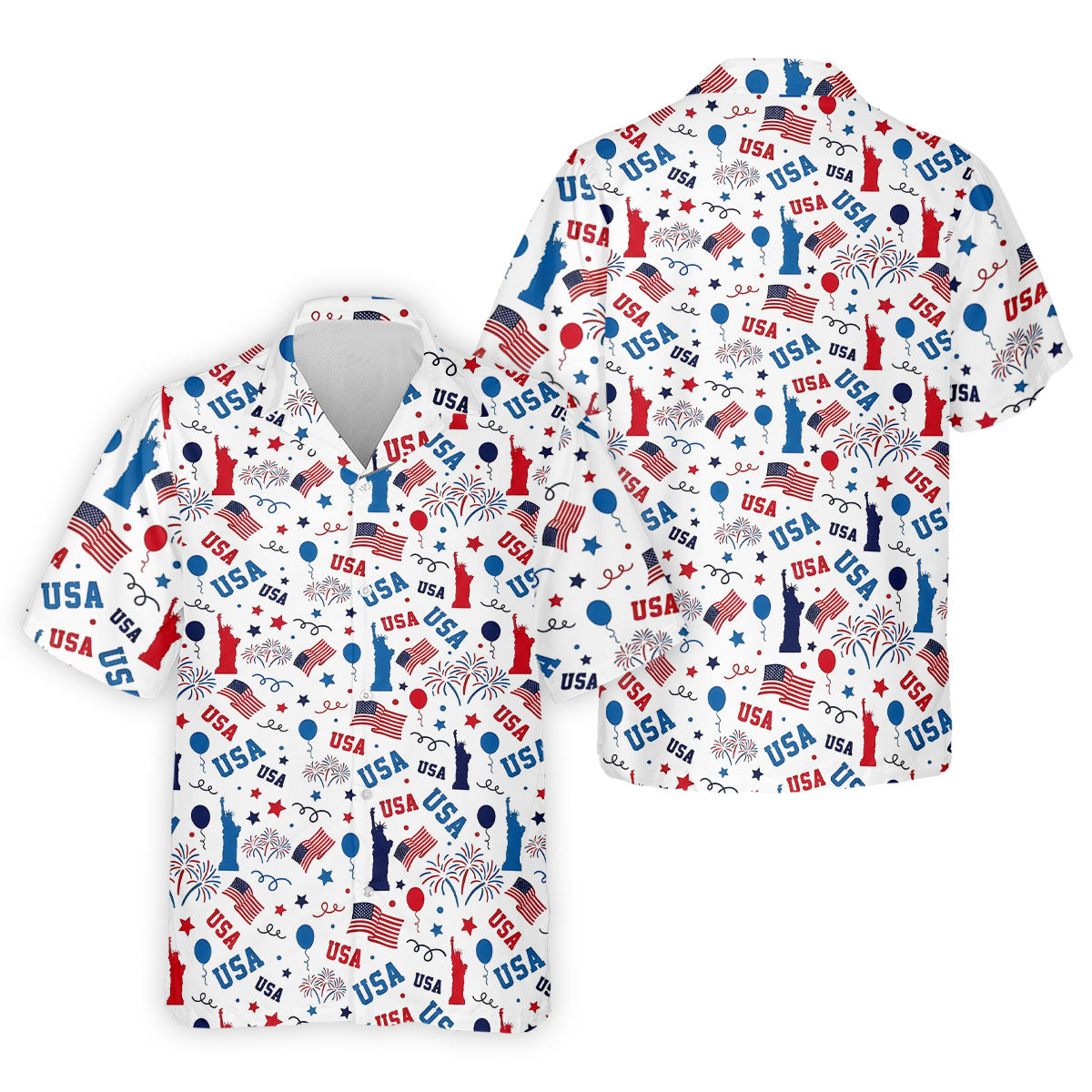 USA Red White Blue Seamless Pattern White Golf Shirt, 250th Anniversary Patriotic 4th Of July Golf Shirts For Men