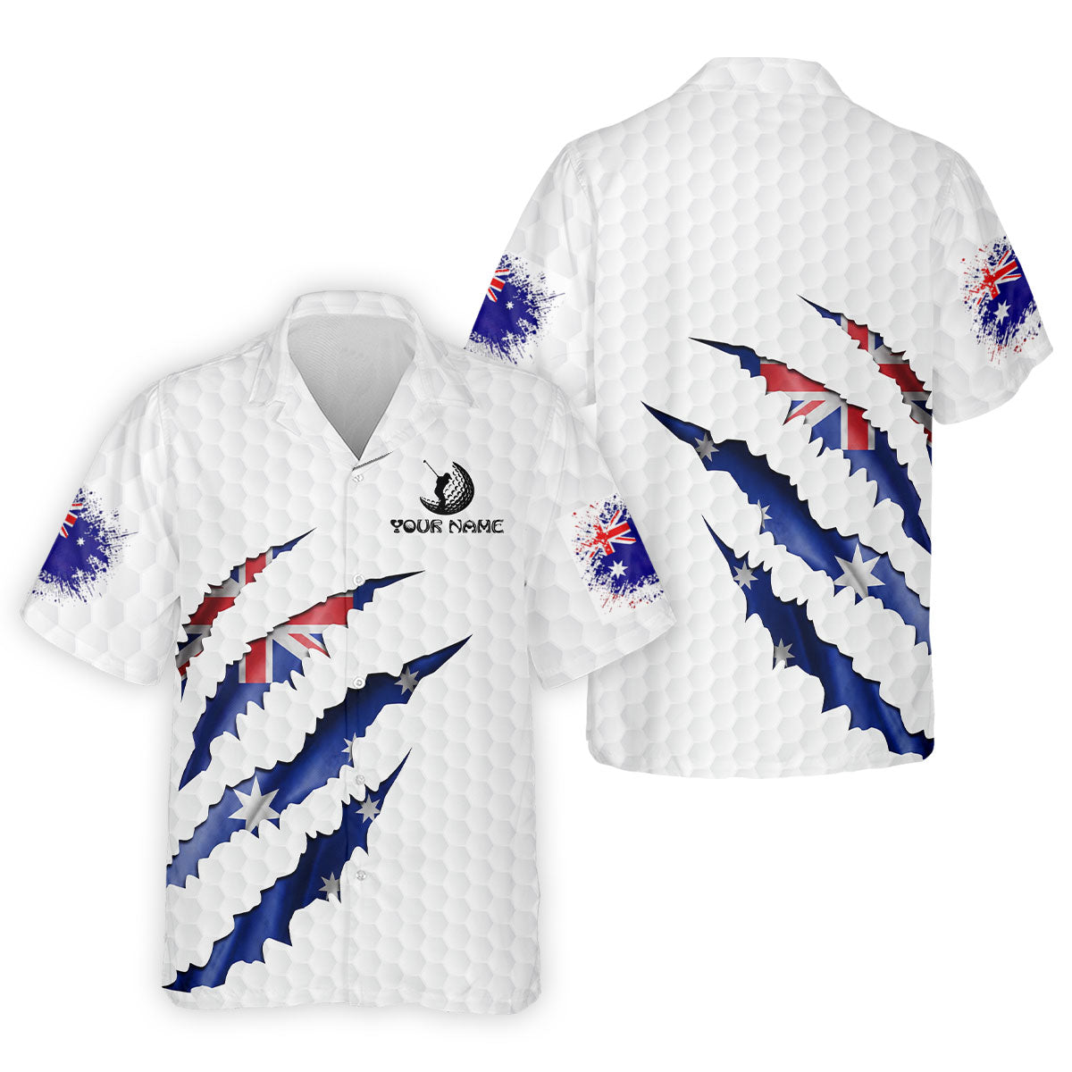 Golf Ball Pattern Australia Flag Print Scratch Effect Men's Golf Top, Golf Shirts For Men