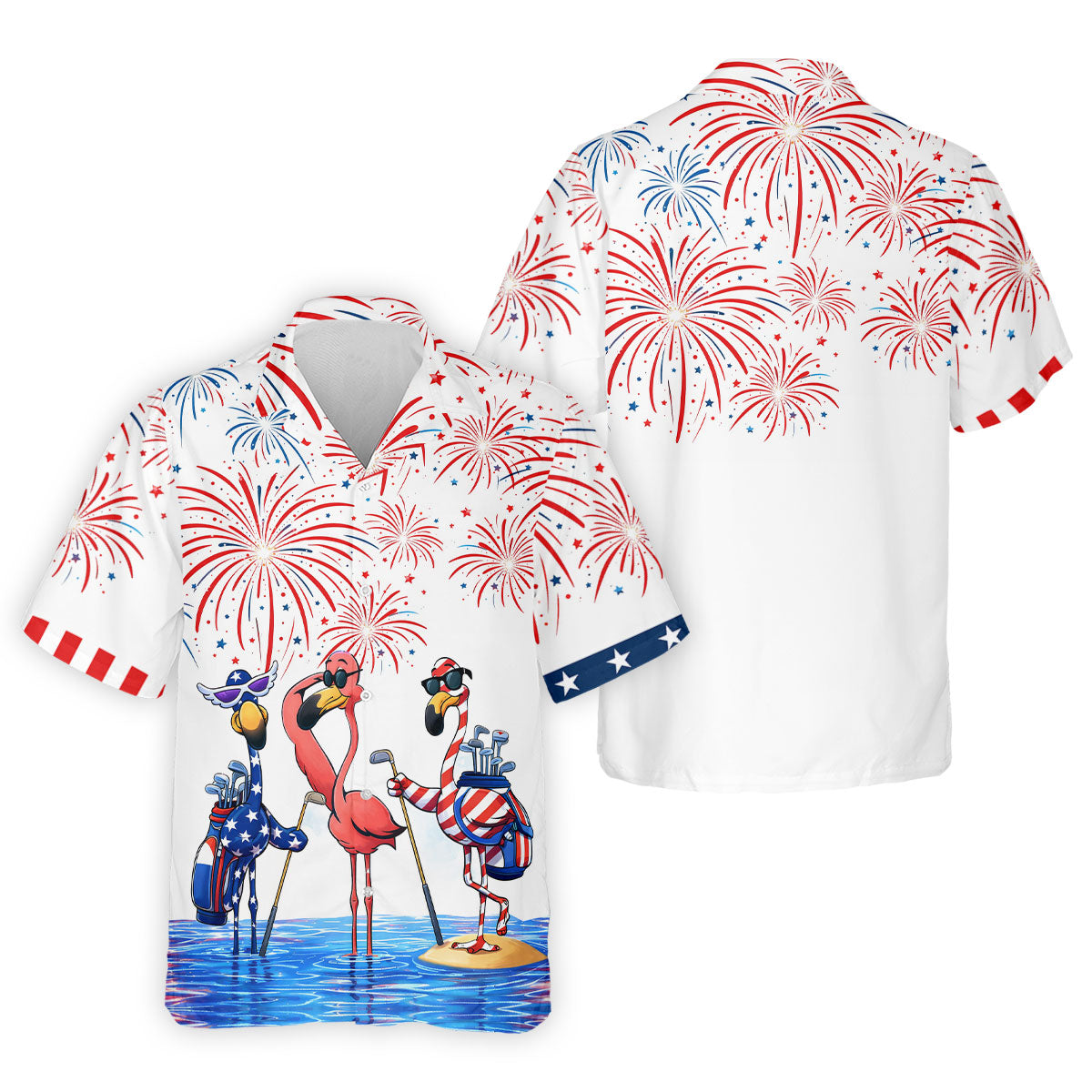 Funny Flamingo American Flag Pattern White Golf Shirt, 250th Anniversary Patriotic Golf Shirt, Golf Shirts For Men