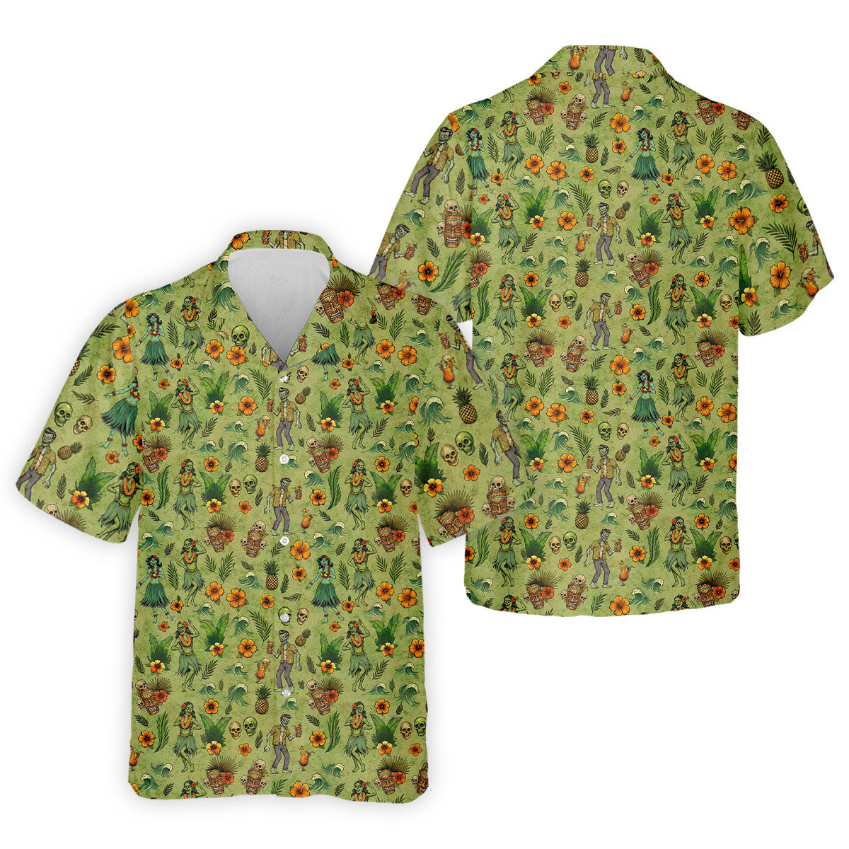 Tiki Zombie Hawaiian Golf Shirt, Hula Dancer Skull Pattern, Polo Shirts For Men