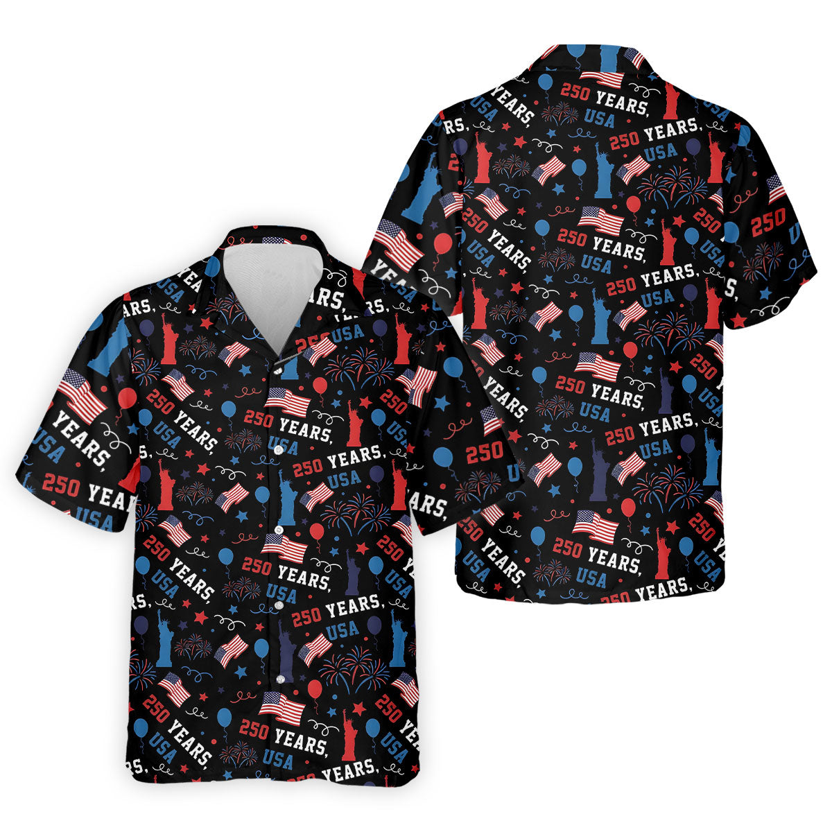 250 Years USA Red White Blue Seamless Pattern Black Golf Shirt, Patriotic 4th Of July Golf Shirts For Men