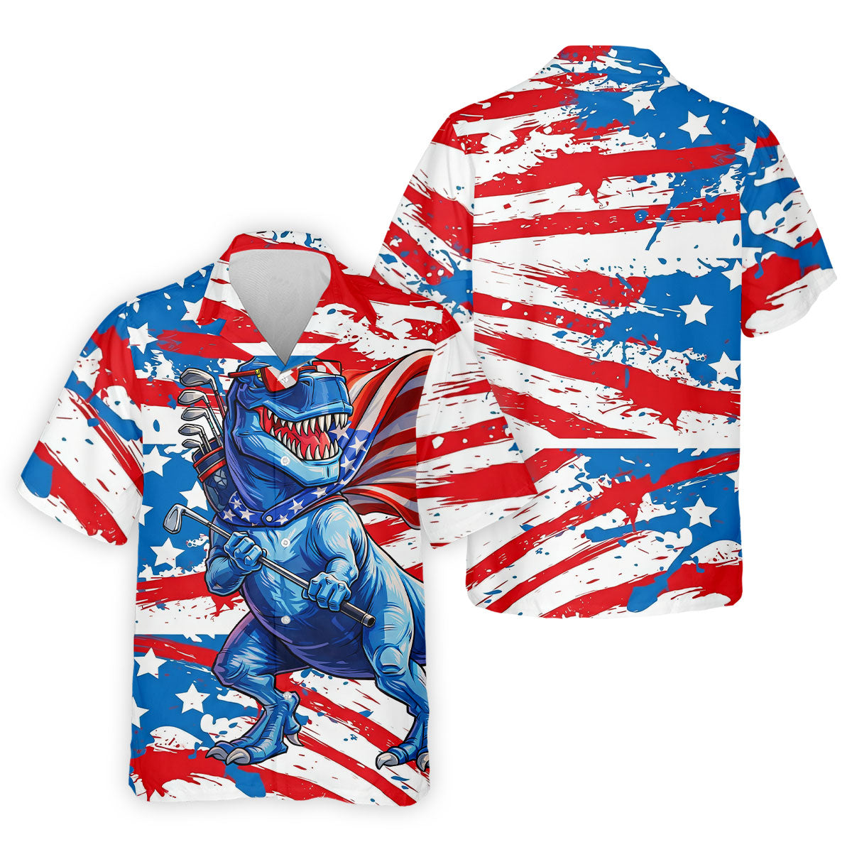Funny Dinosaur USA Flag Print 250 Years Anniversary Golf Tops For Men, 4th Of July Patriotic Golf Shirt