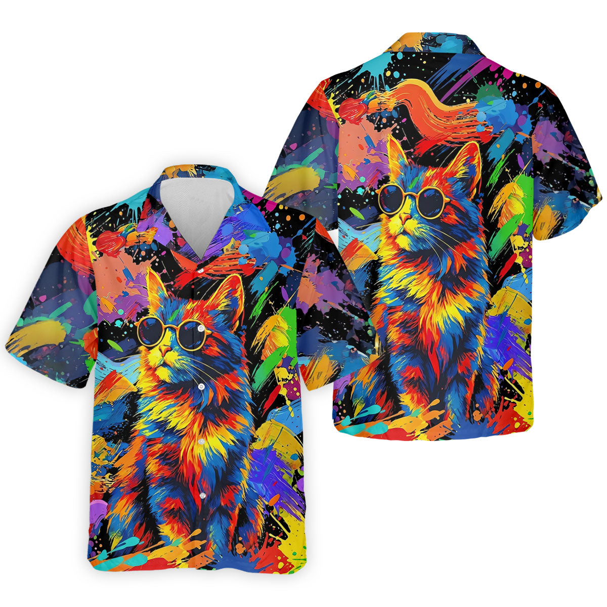 Colorful Cat Sunglasses Paint Splash Golf Shirt, Men's Golf Shirt, Golf Apparel For Men