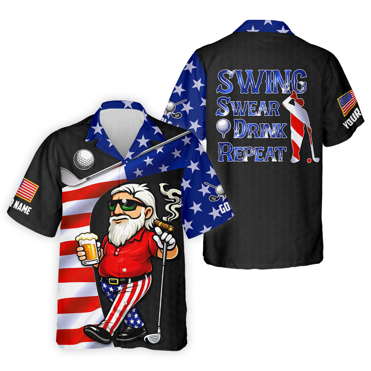 Swing Swear Drink Repeat Golf And Beer Patriotic Man 4th Of July Black Golf Shirt, 250 Years Golf Shirts For Men