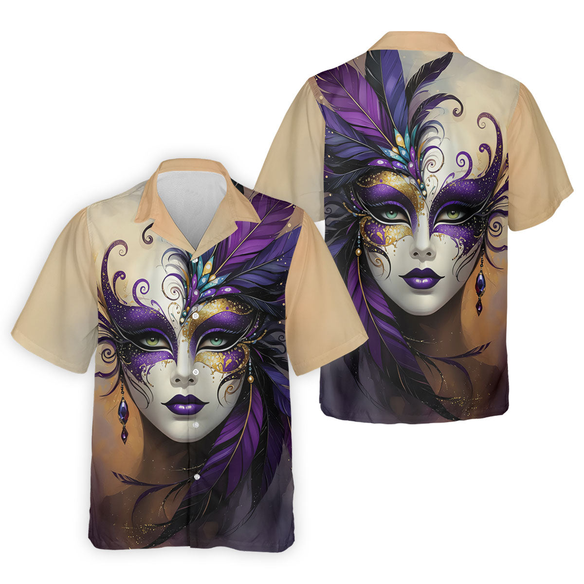Feather Mask Mardi Gras Golf Shirt, Purple And Beige Golf Shirts For Men, Polo ShirtFor Men