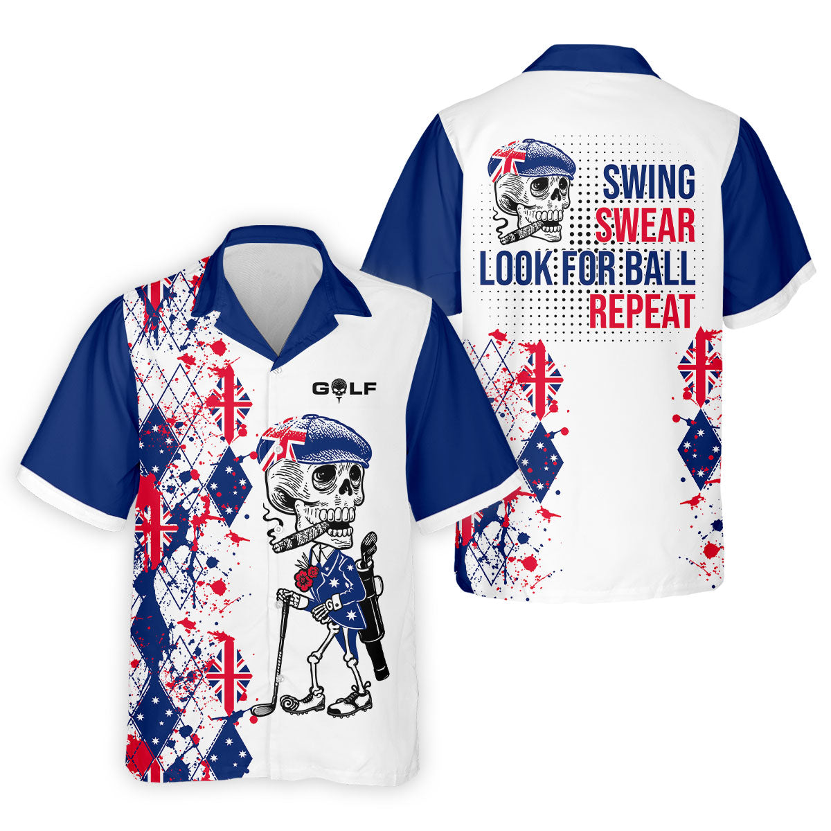 Swing Swear Look For Ball Repeat Australia Flag Print Skeleton Golfer Argyle Golf Shirt, Polo Shirtor Men